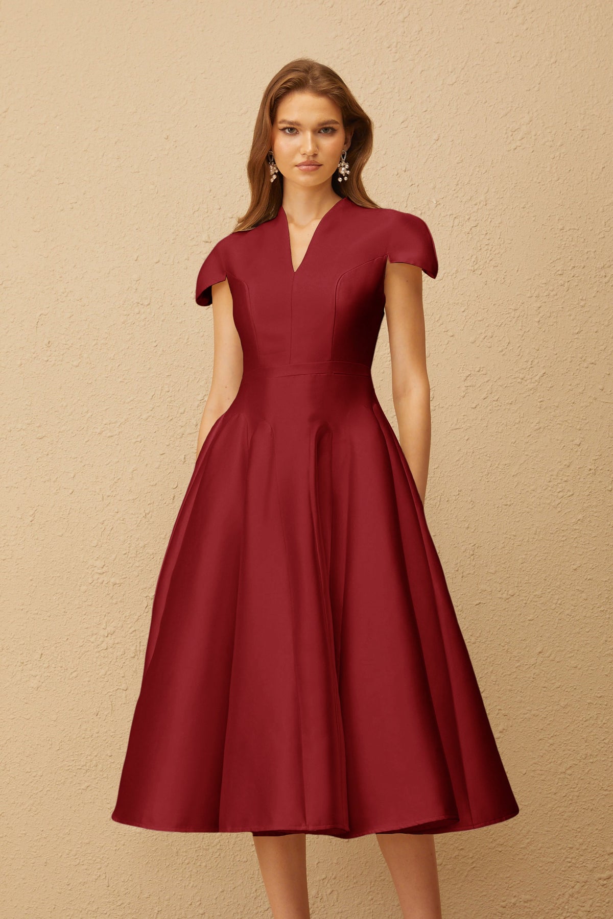 Aventin Red Godet Design Midi Dress