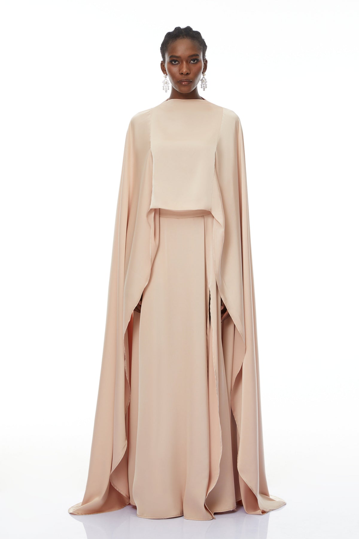 Everleigh Champagne Satin Top & Skirt Set With Cape Detail (Final Sale)