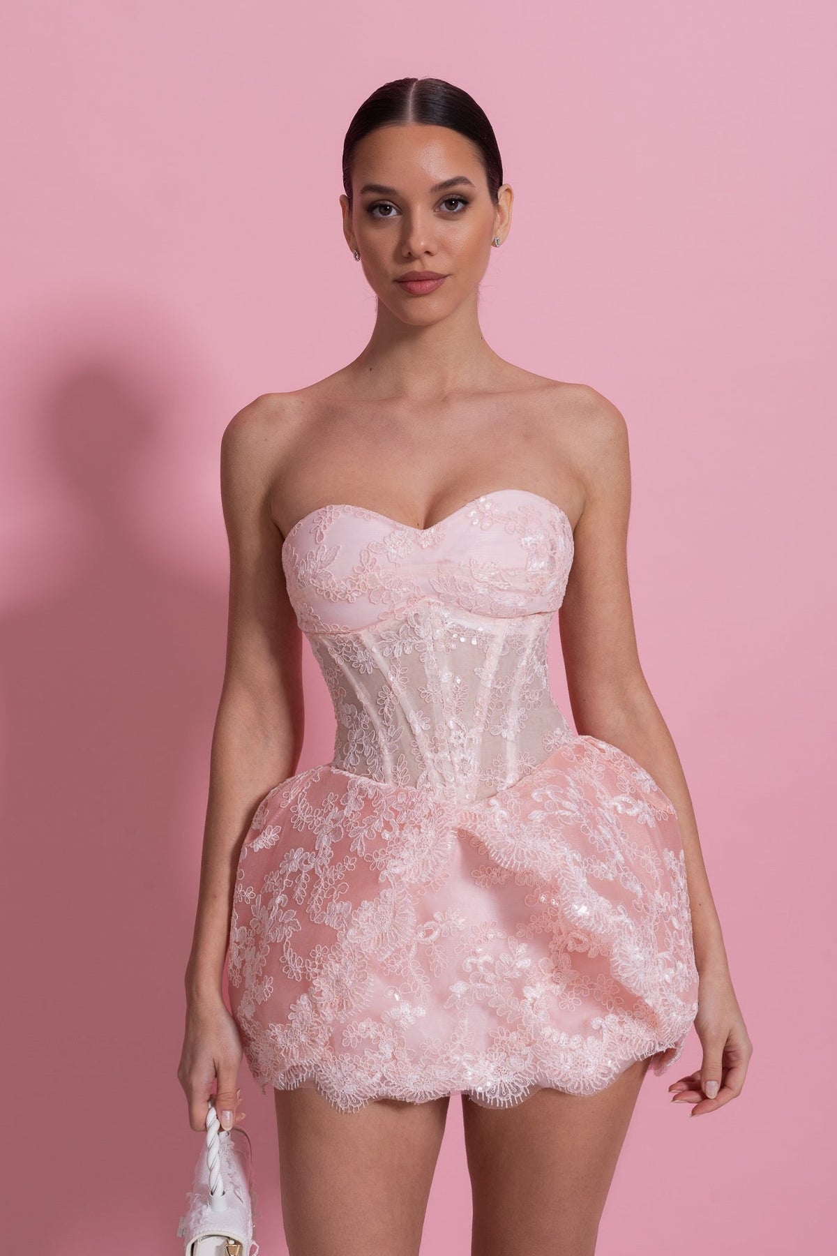 Strapless Lace Mini Dress With Corset Bodice And Bubble Hem Skirt - Blush Pink