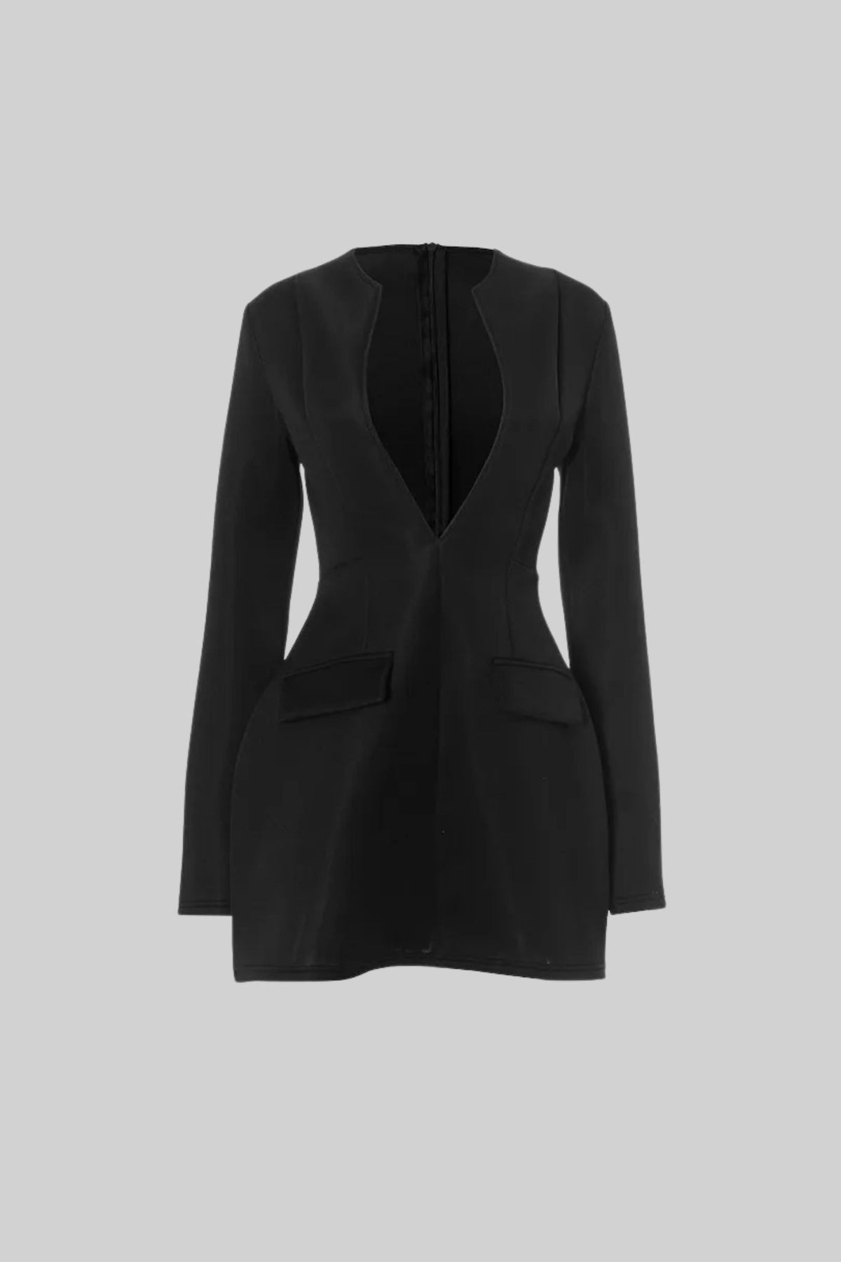 Long Sleeved Blazer Dress With Deep V-Neckline - Black