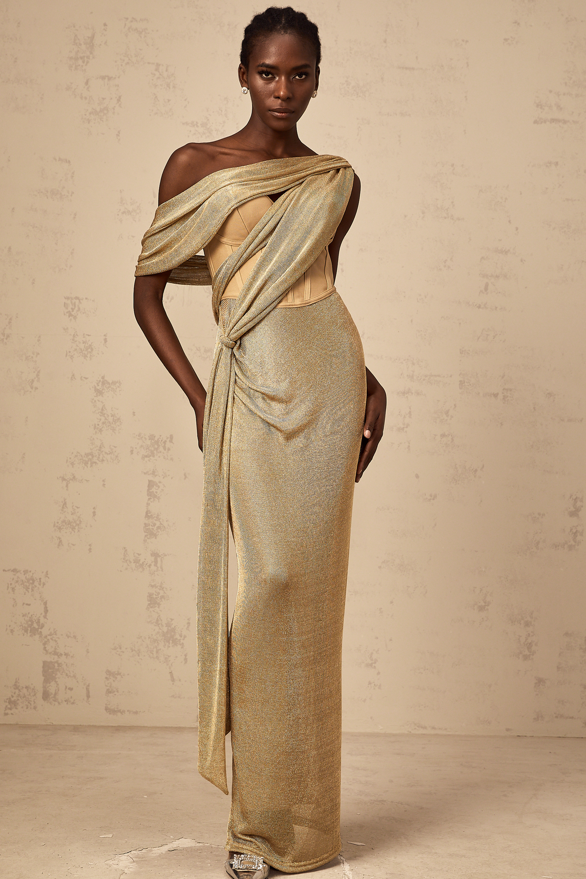 Delphine ribbon-design corset maxi dress in Khaki