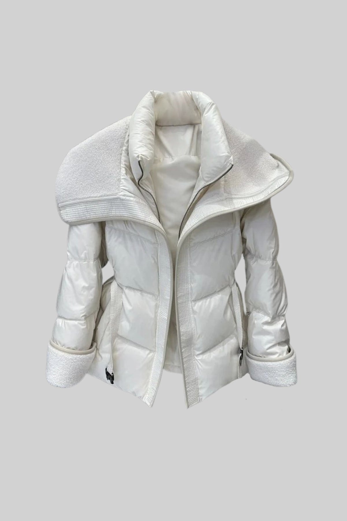Puffer Jacket with Oversized Shearling Collar And Cuffs - White