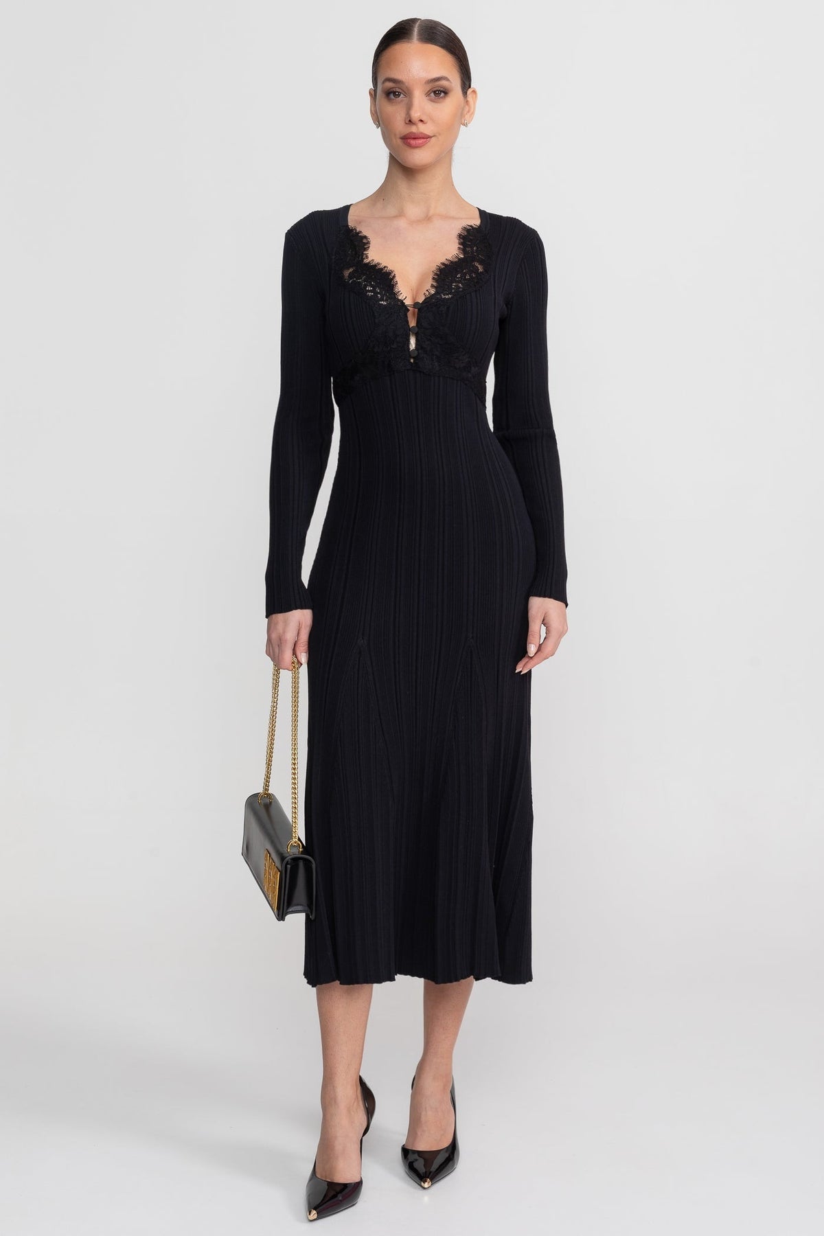 Ribbed Long Sleeve Midi Dress With Lace-Trim V-Neckline - Black