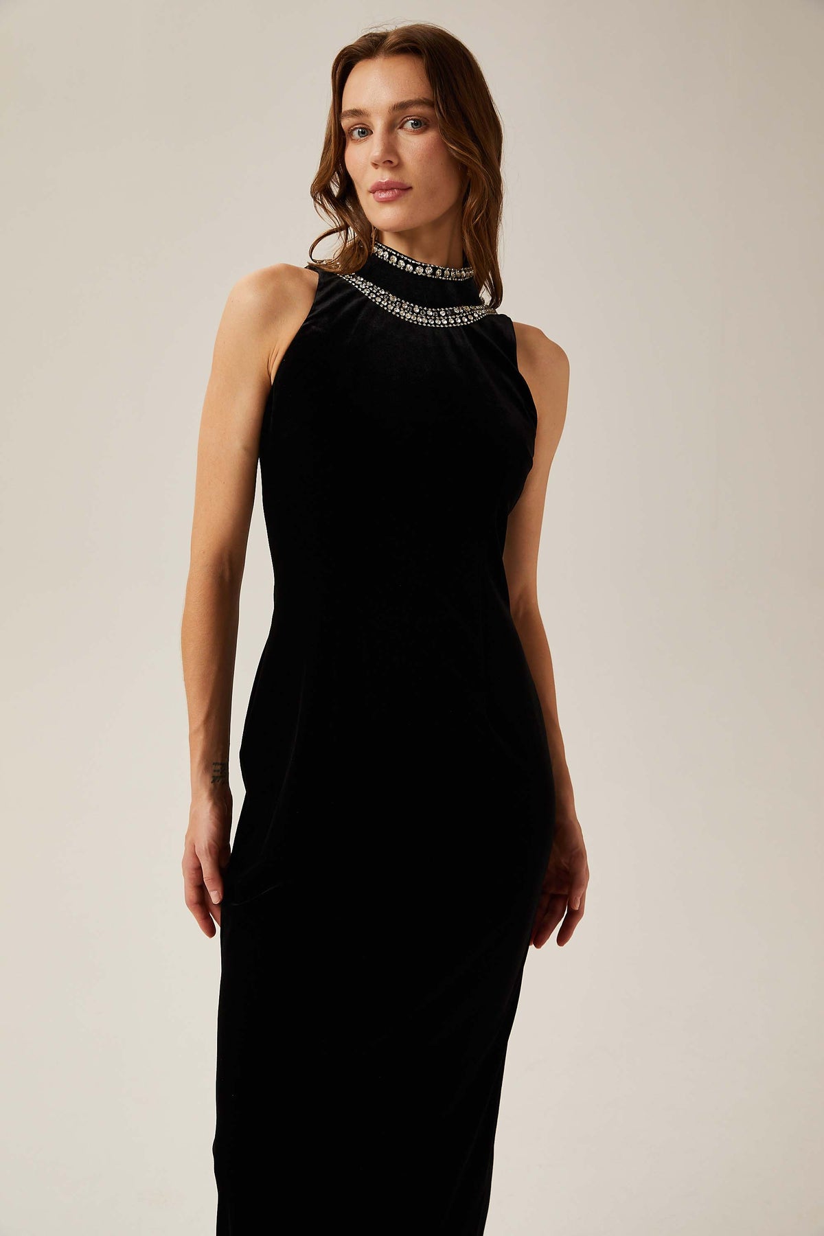 Colette black crystal-embellished velvet gown