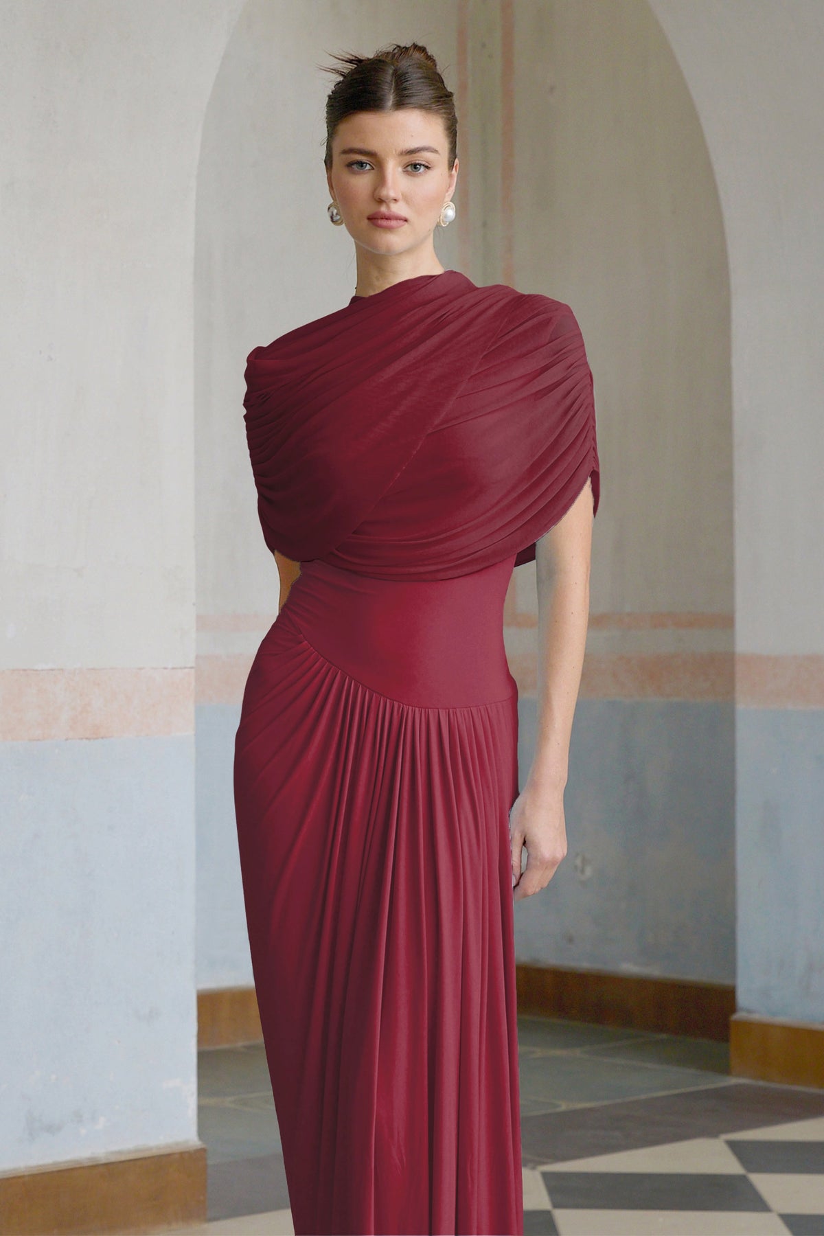 Catherine asymmetrical pleated maxi dress in Red (Final Sale-US Only)