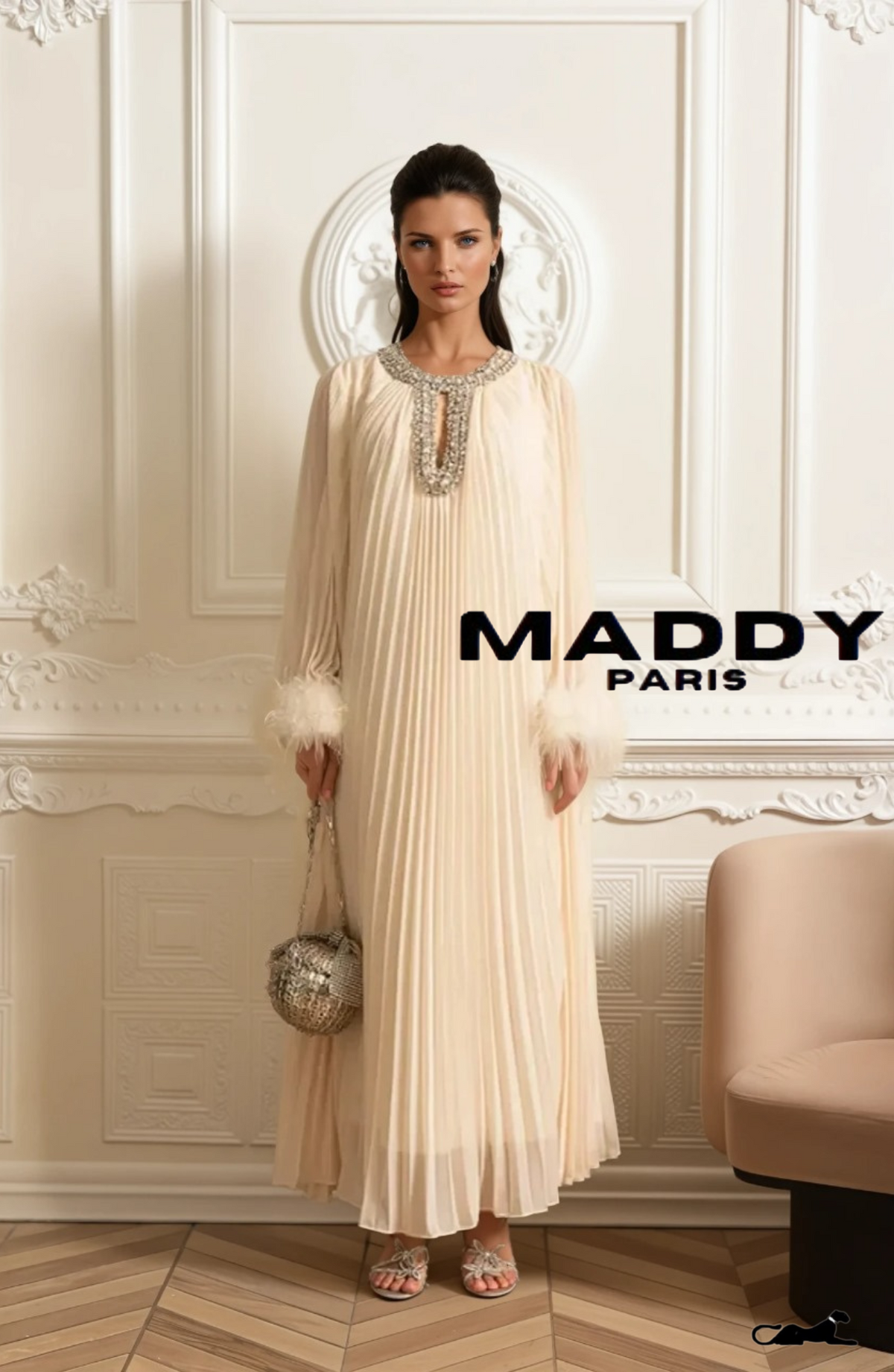 LAMISS Pleated Maxi Dress With Feathered Cuffs And Sparkling Neckline - Ivoire