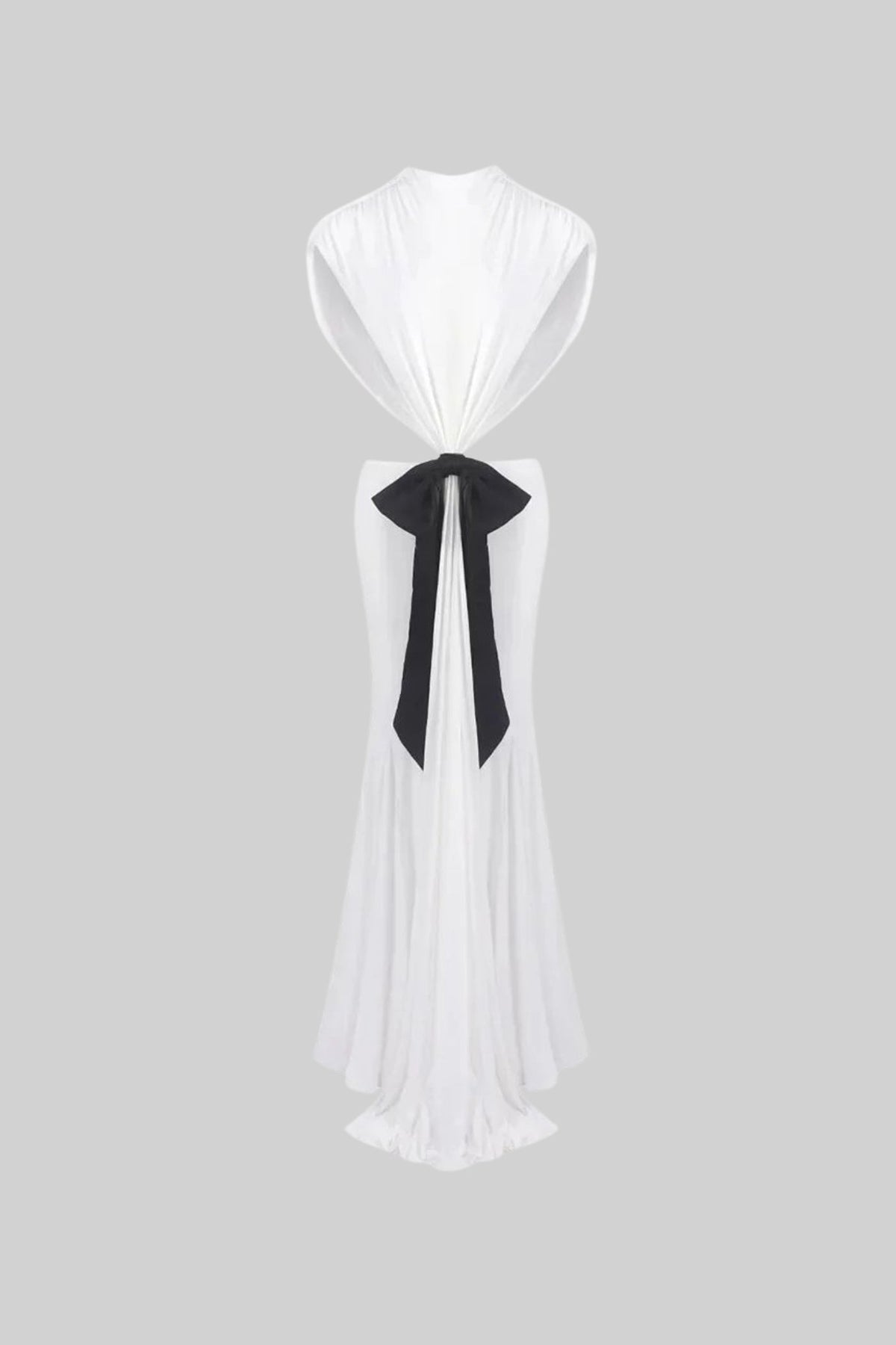 Open Back Draped Gown With Contrasting Bow Detail – White