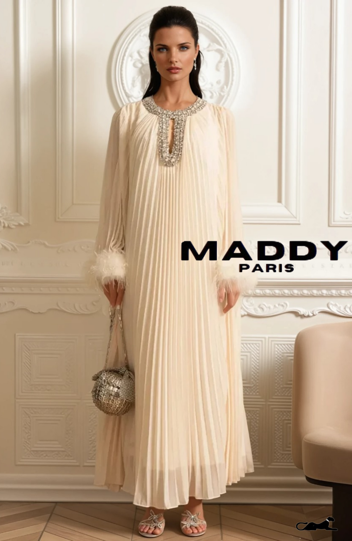 LAMISS Pleated Maxi Dress With Feathered Cuffs And Sparkling Neckline - Ivoire