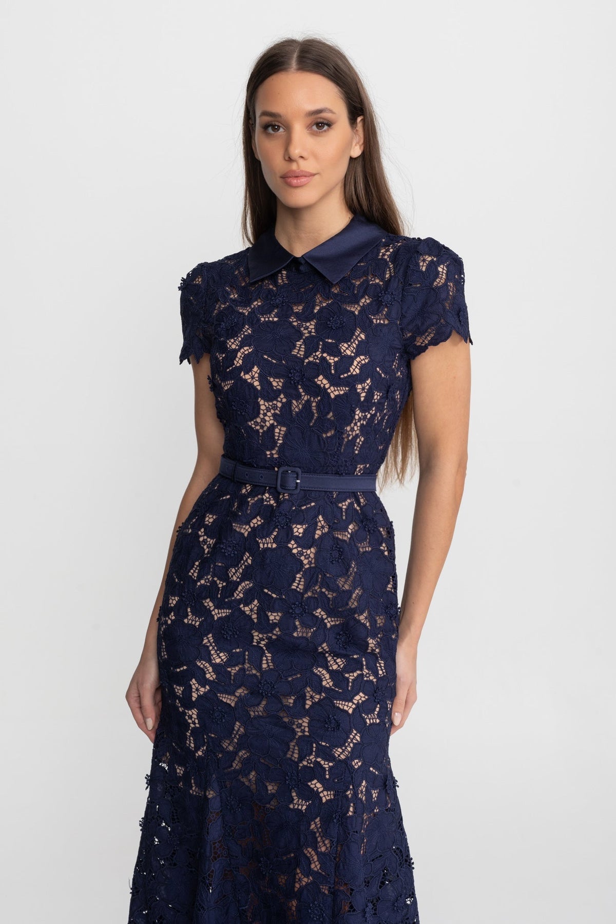 Lace Midi Dress with Belted Waist and Collared Neckline – Navy