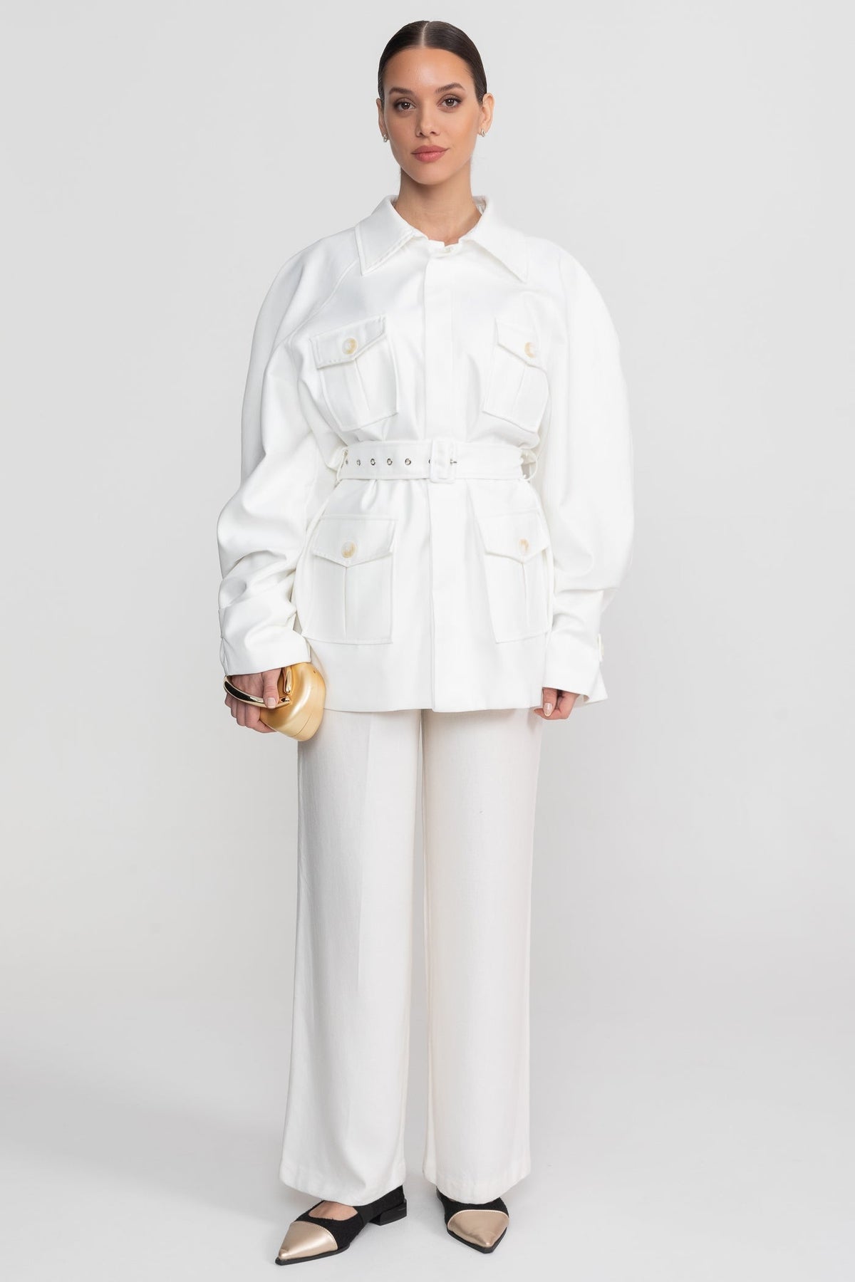 Belted Trench-Coat Jacket With Oversized Patch Pockets - White