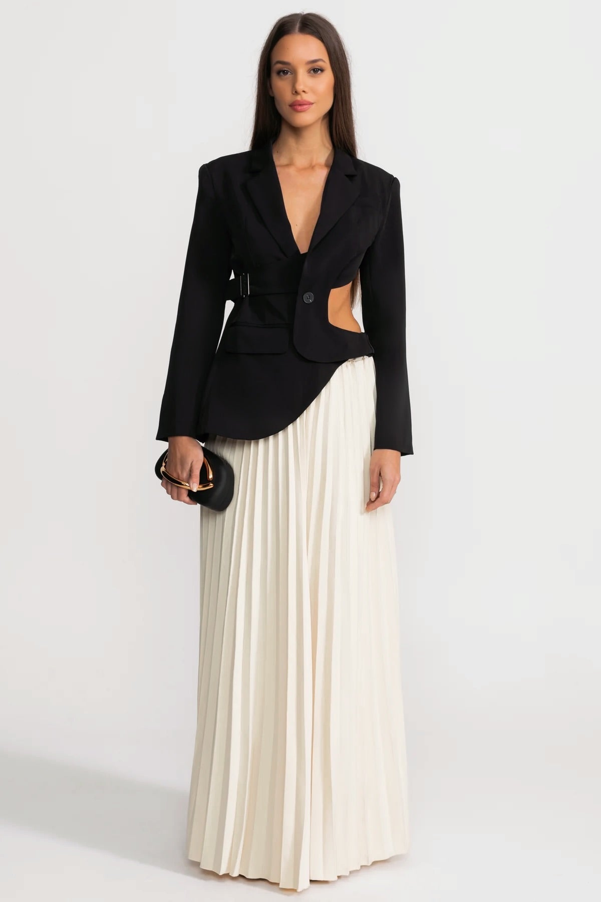 Asymmetric Cut-Out Blazer with Belt Detail - Black