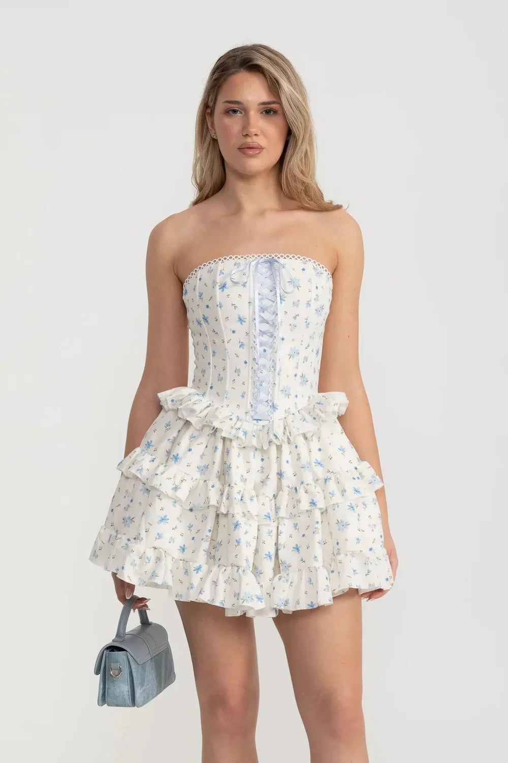 Corset Mini Dress With Ribbon Lacing Detail And Multi-Layered Ruffled Skirt - White/Blue