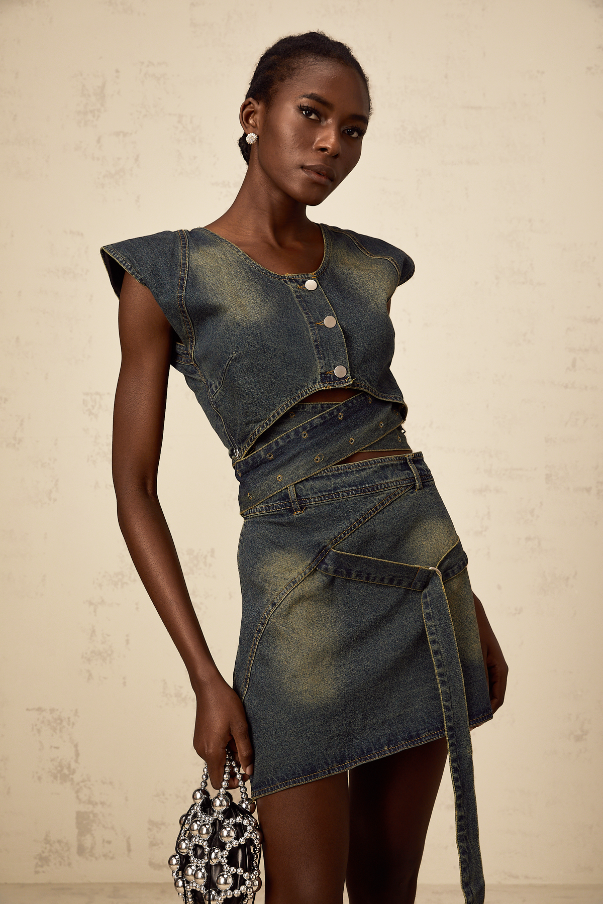 Fanny blue cross-over denim top & skirt matching set