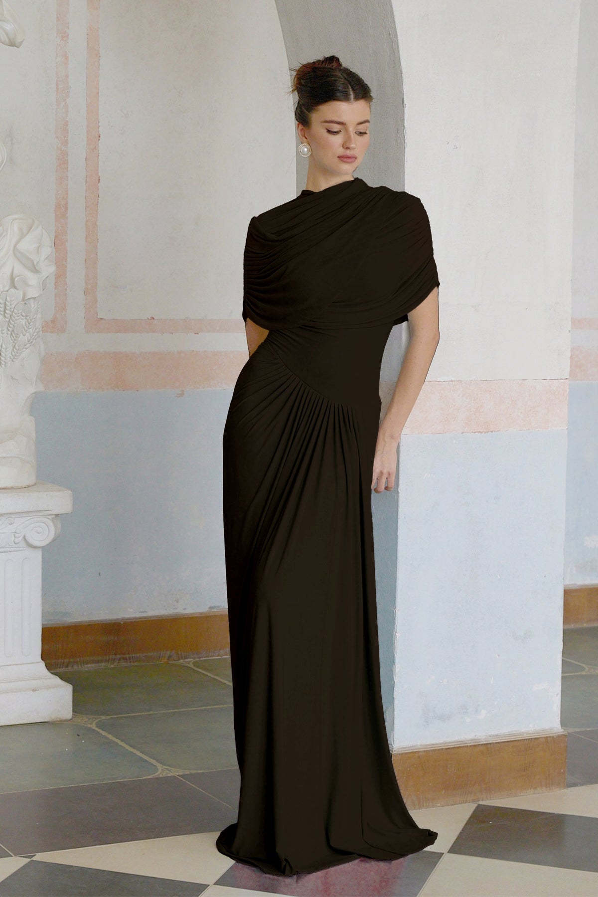 Catherine asymmetrical pleated maxi dress in Brown