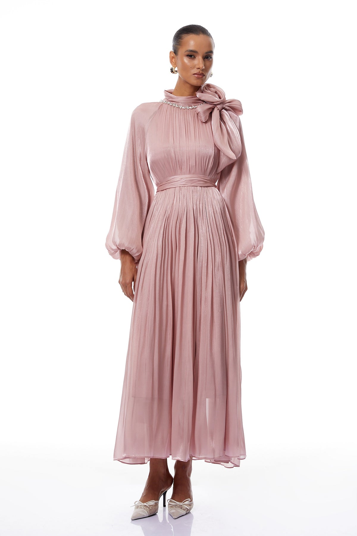 Birna Pink Floral Pleated Glossy Maxi Dress