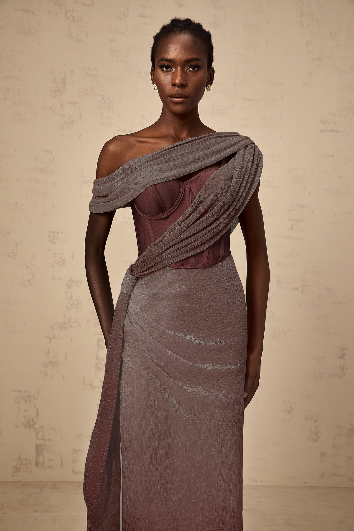 Delphine ribbon-design corset maxi dress in Brown