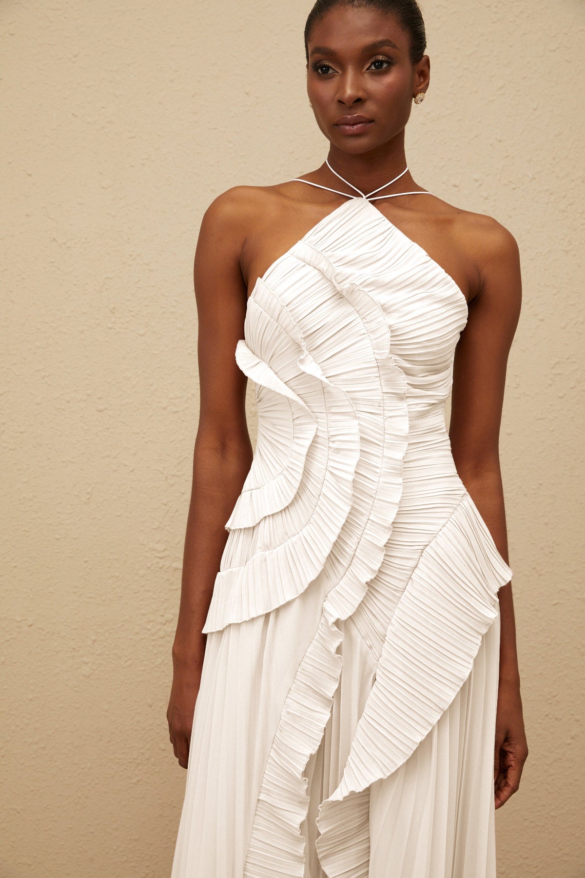 Doux White Ruffled Trim Pleated Midi Dress (Final Sale-US Only)