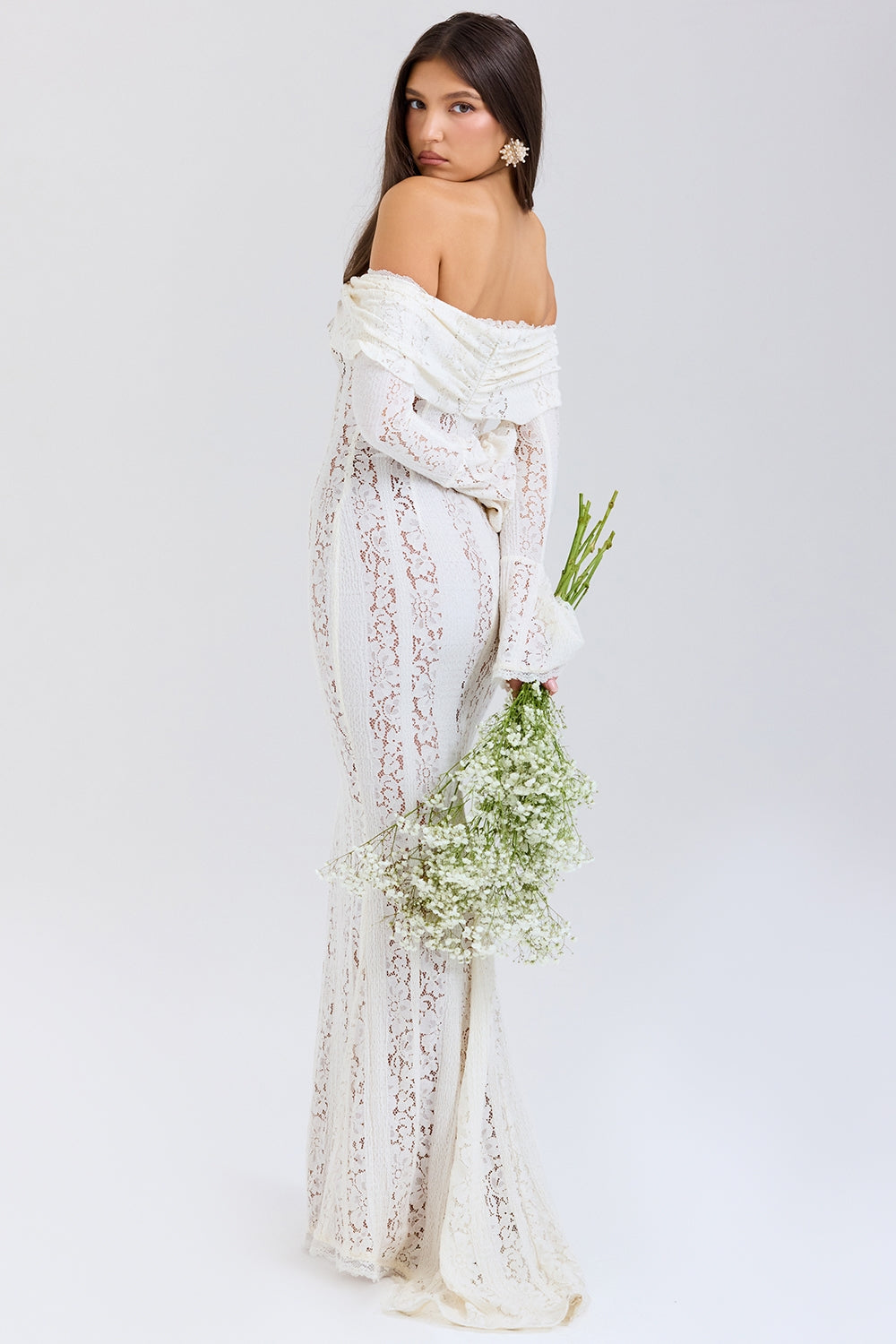 Belle Vintage Floral Lace Off Shoulder Maxi Dress - Cream white