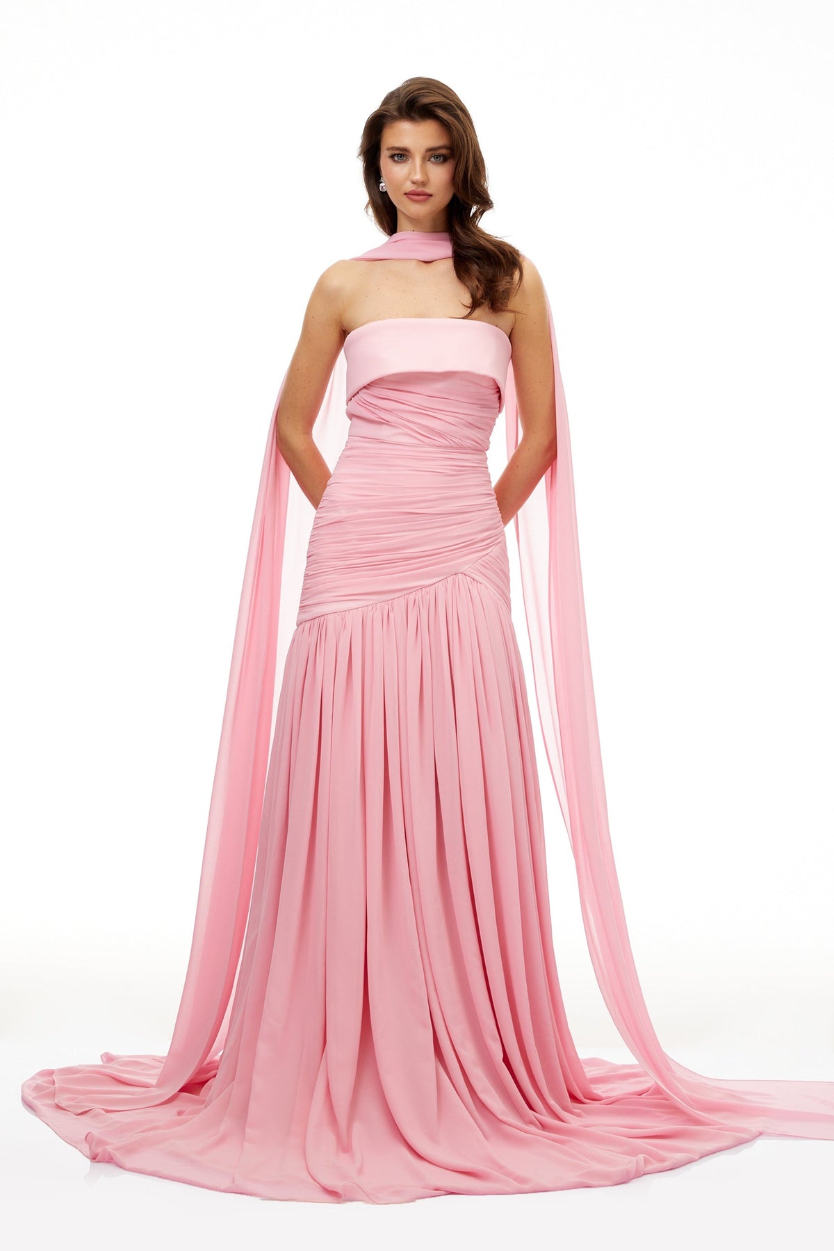 Laetitia Pink Pleated Train Ruched Maxi Dress