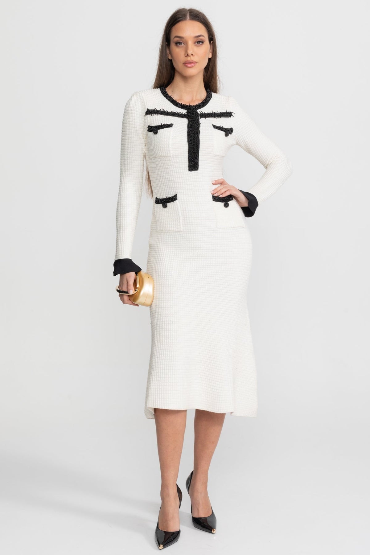Textured Midi Dress with Contrast Embroidered Trim – Ivoire