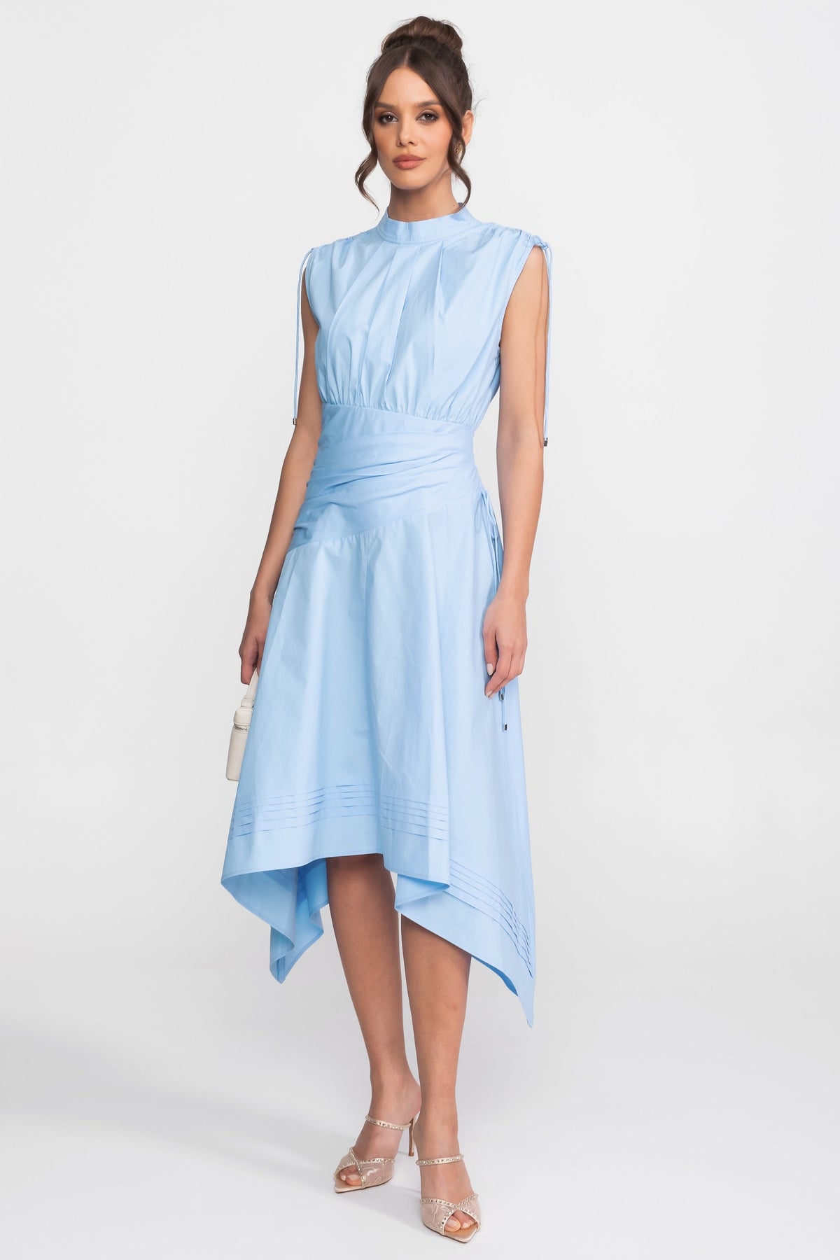 Sleeveless Asymmetric Midi Dress With Ruched Waist And Handkerchief Hem - Light Blue