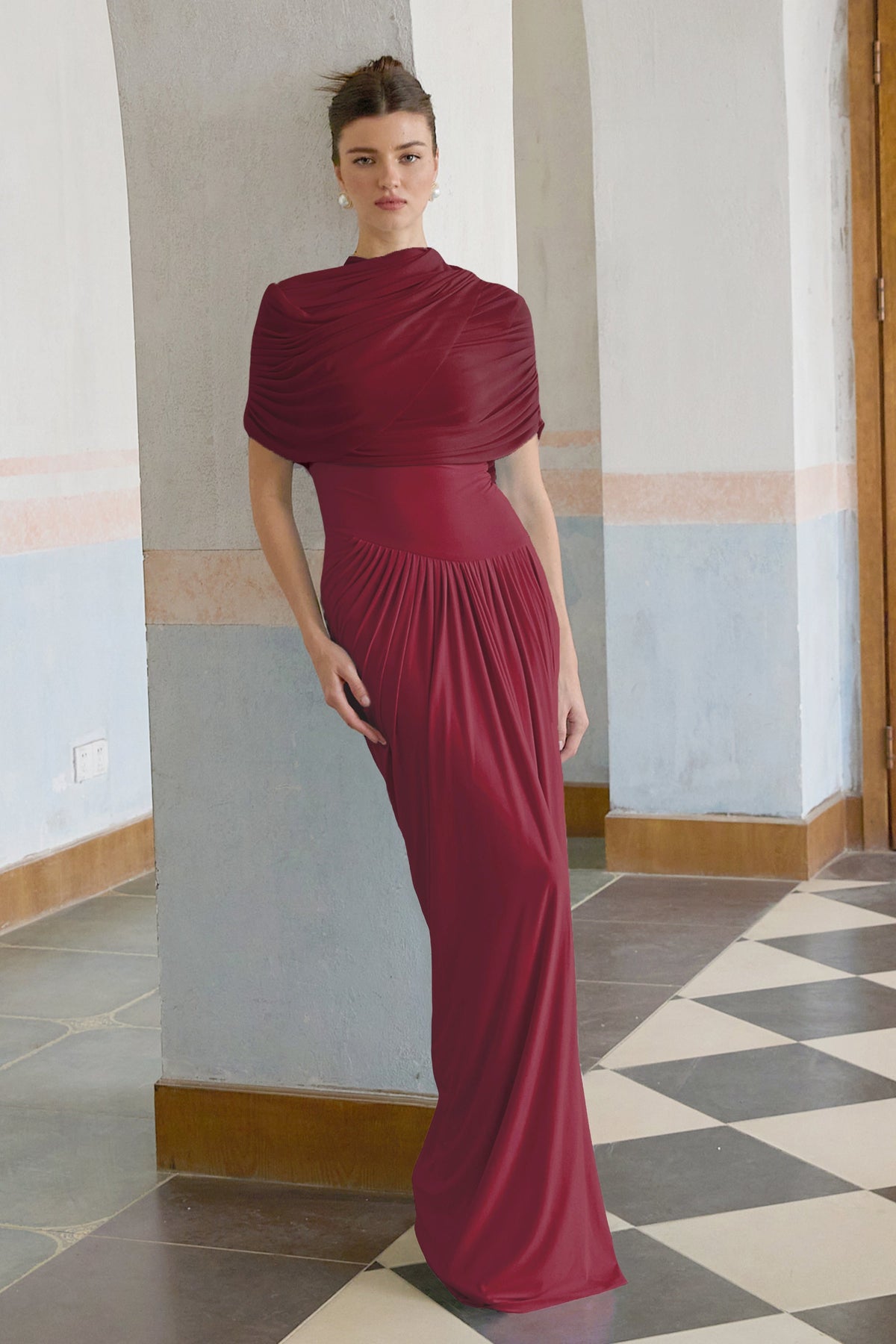 Catherine asymmetrical pleated maxi dress in Red (Final Sale-US Only)