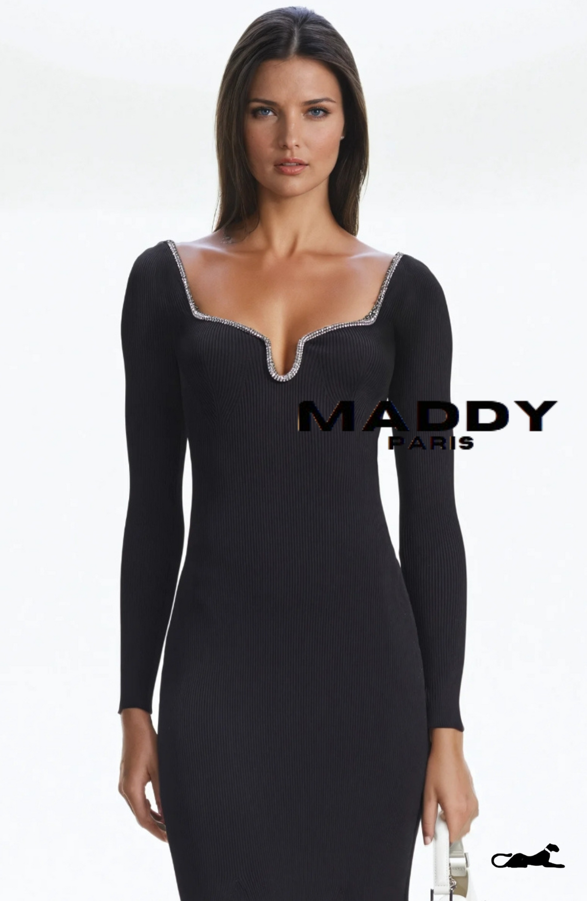 CELINE CRYSTAL-TRIMMED KNIT MIDI DRESS - BLACK