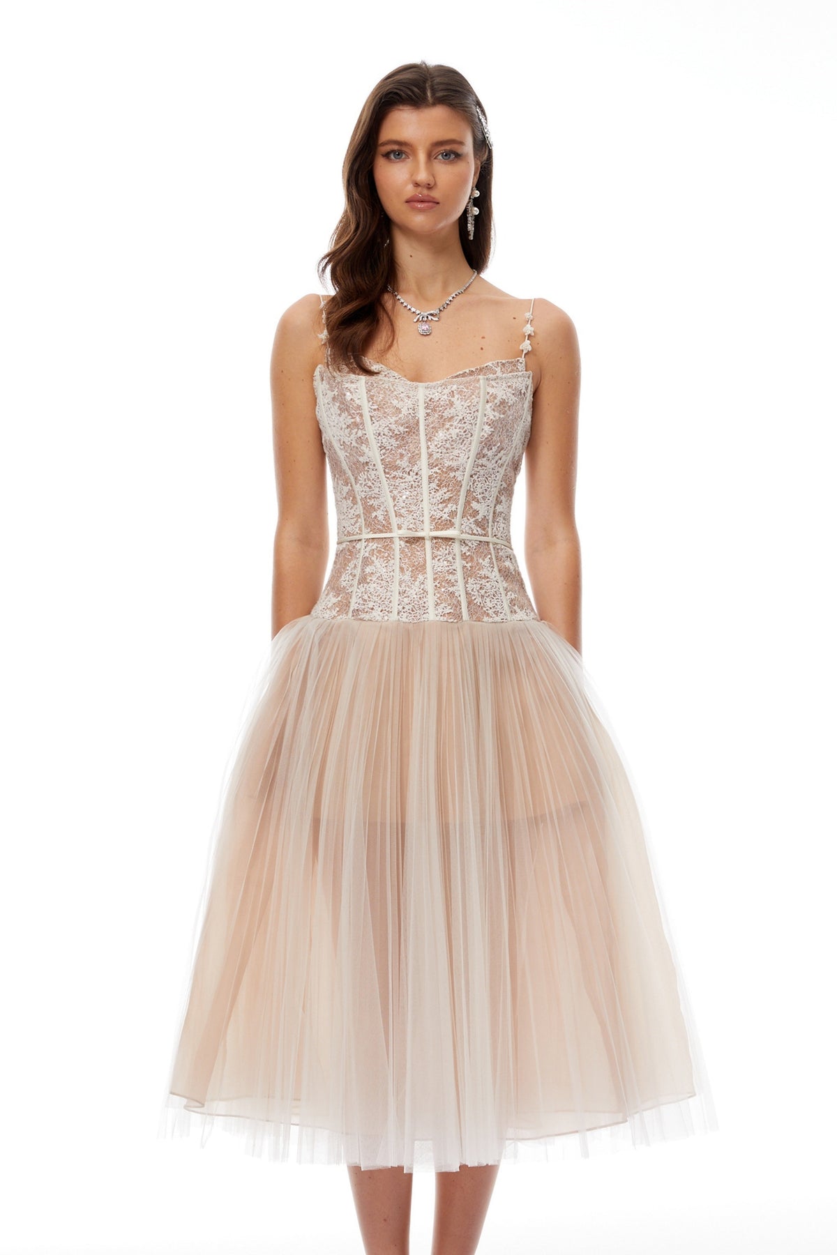 Mira Neutrals Lace Panel Tulle Midi Dress (Final Sale-US Only)