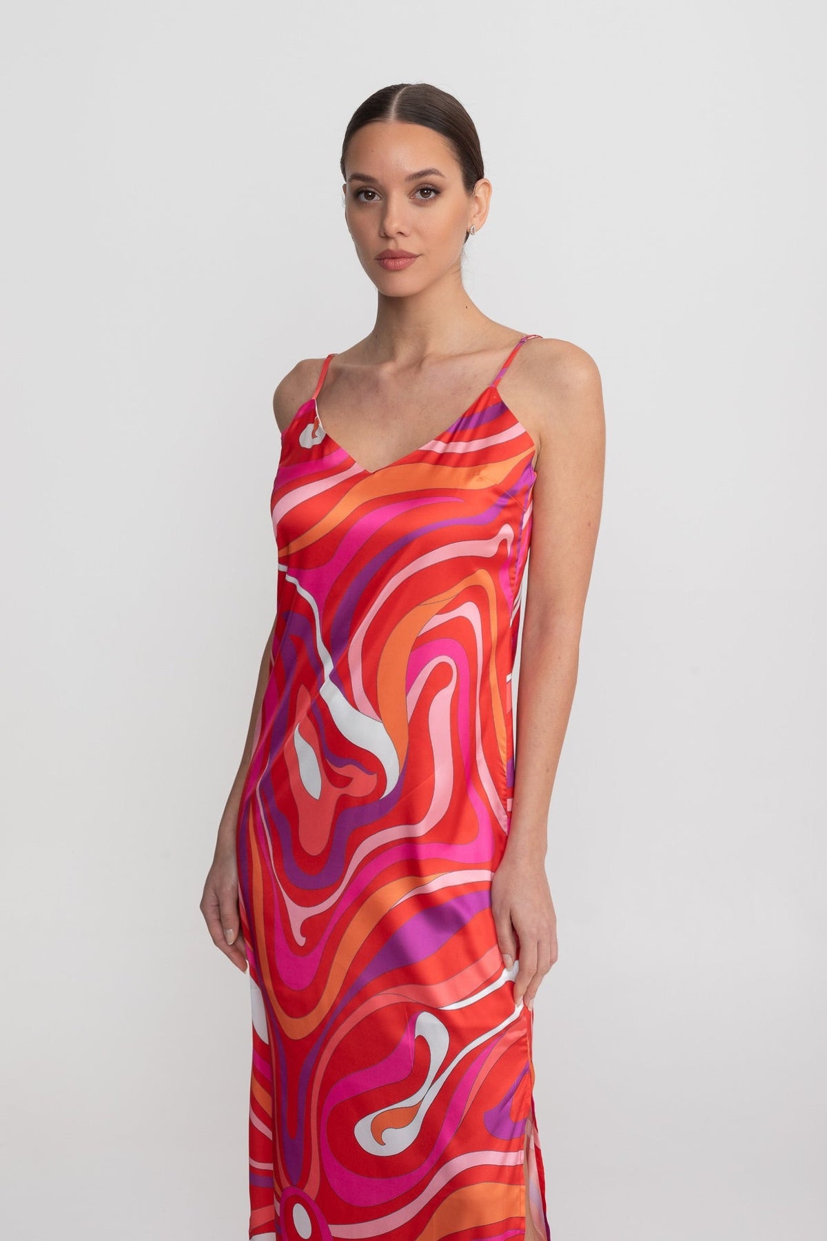 Printed Strappy Midi Dress With Abstract Swirl Pattern - Red