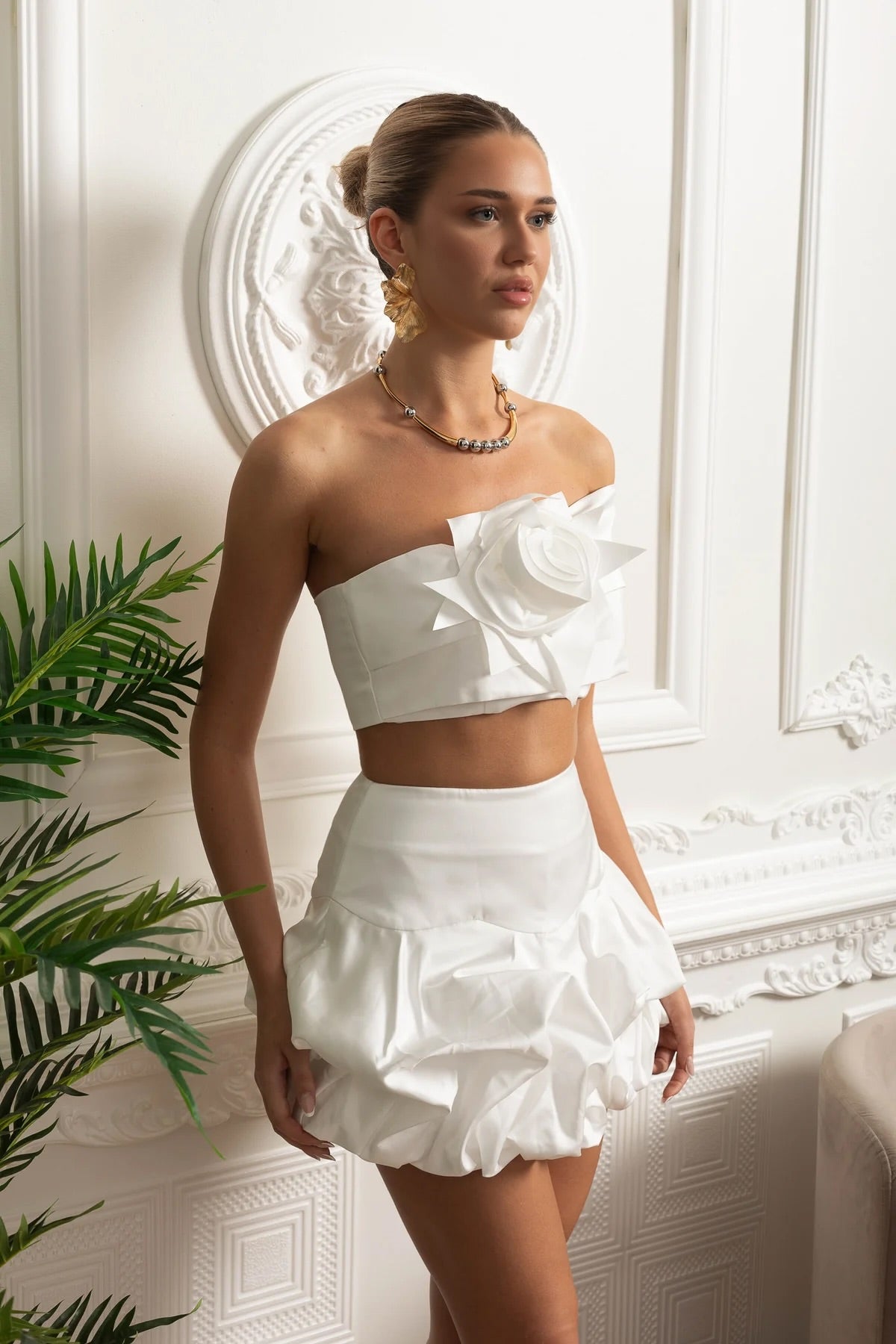 Satin 3D Rosette Co-Ord Set - White