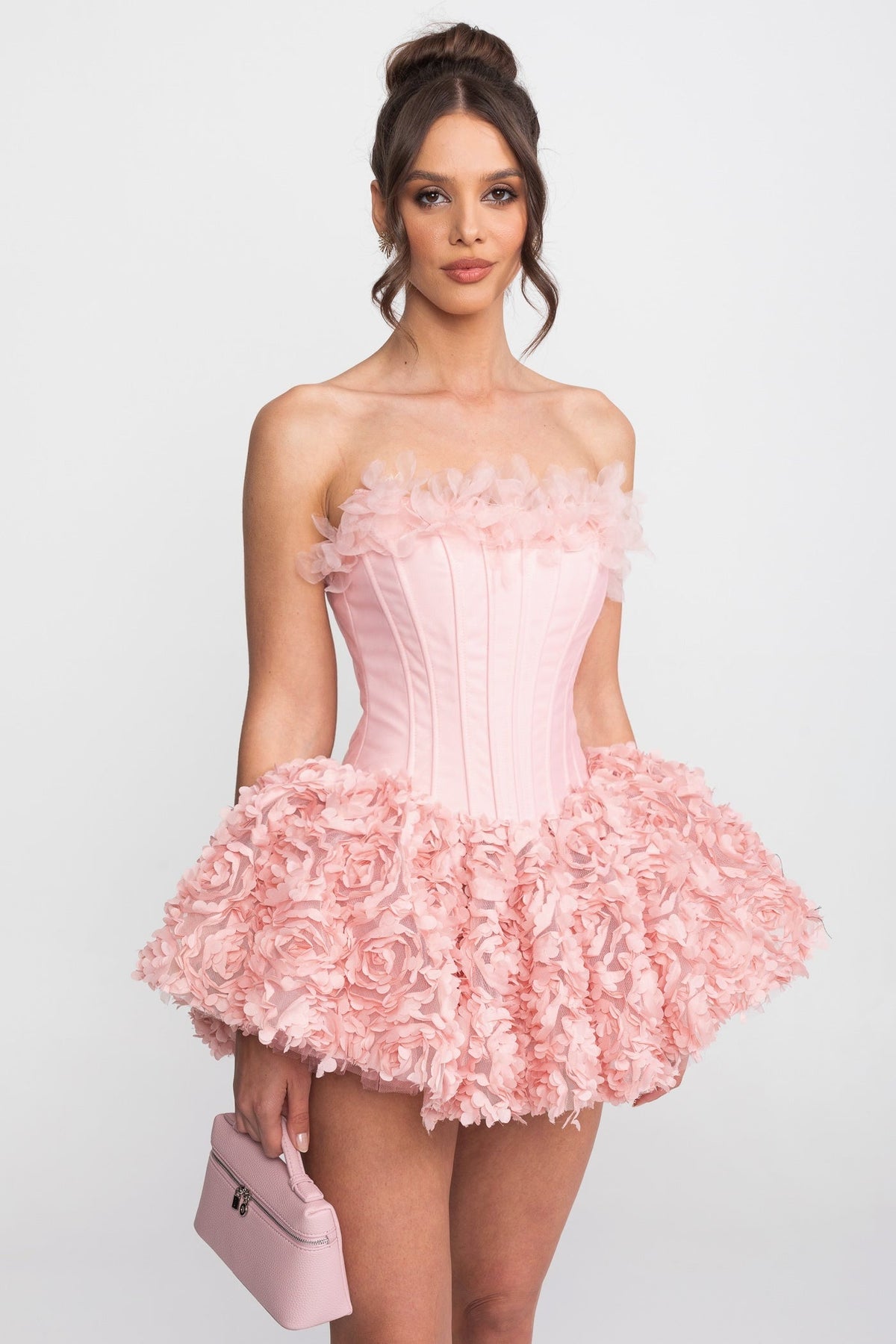 Strapless Corset Mini Dress With 3D Rose Appliqué Skirt - Pink