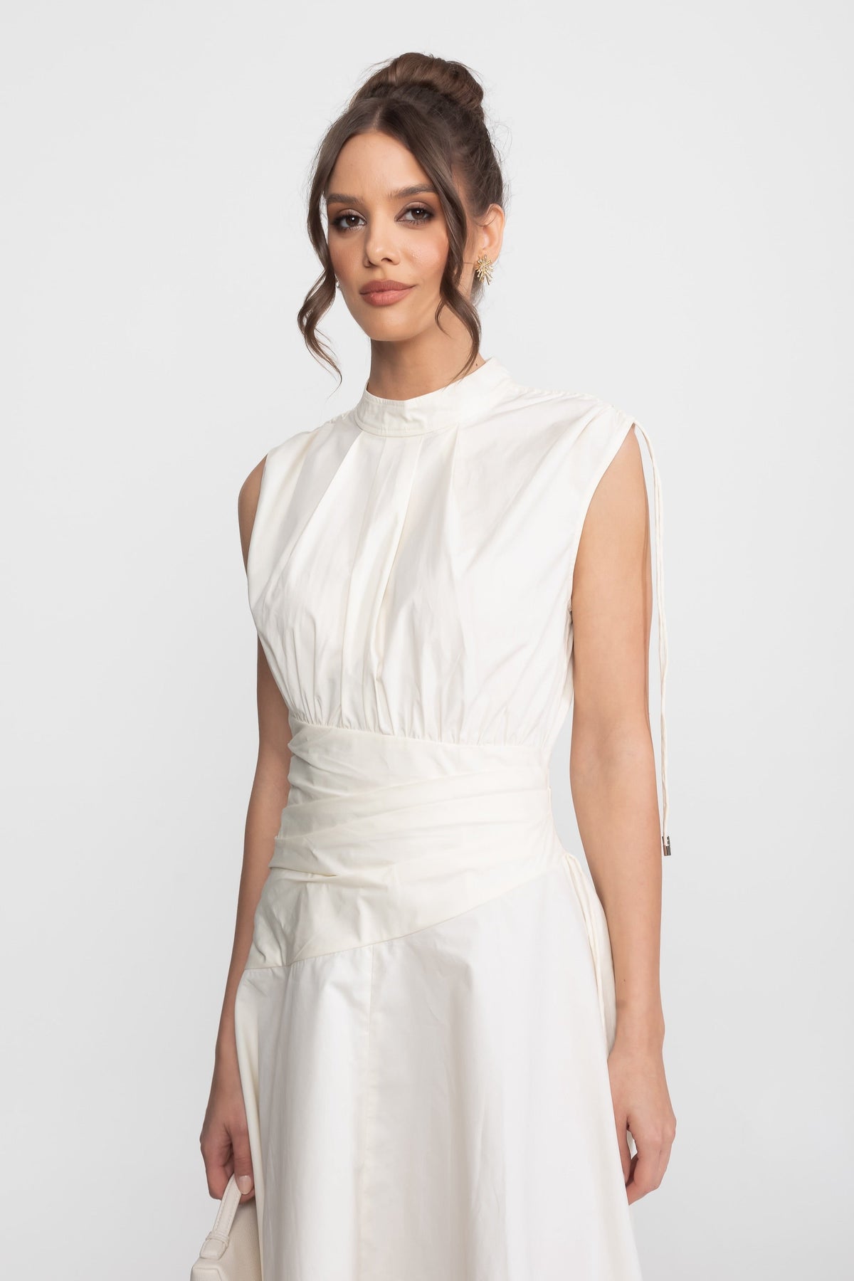 Sleeveless Asymmetric Midi Dress With Ruched Waist And Handkerchief Hem - Ivoire
