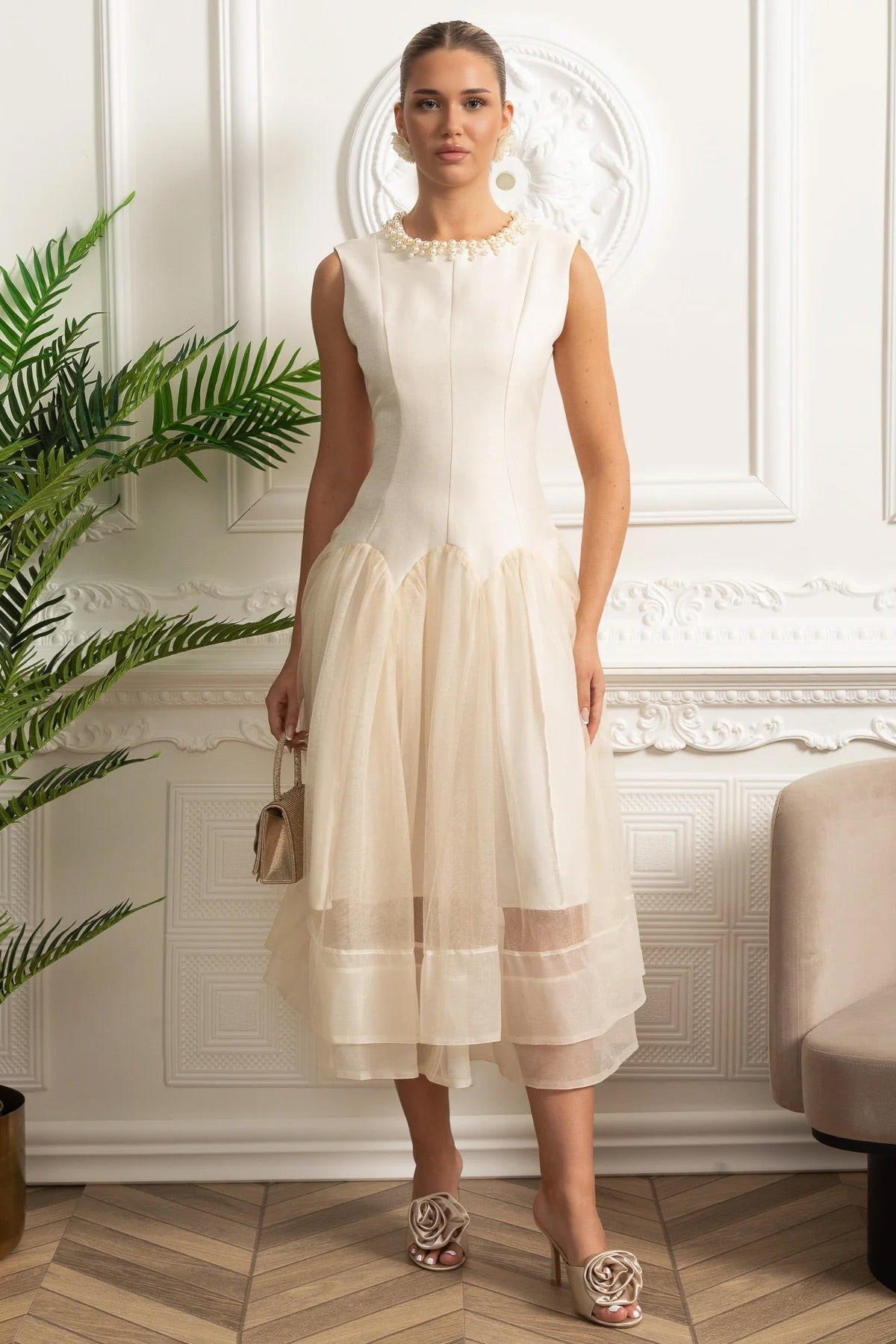 Sleeveless Midi Dress with Tulle Skirt and Pearl Embellished Collar - Ivoire