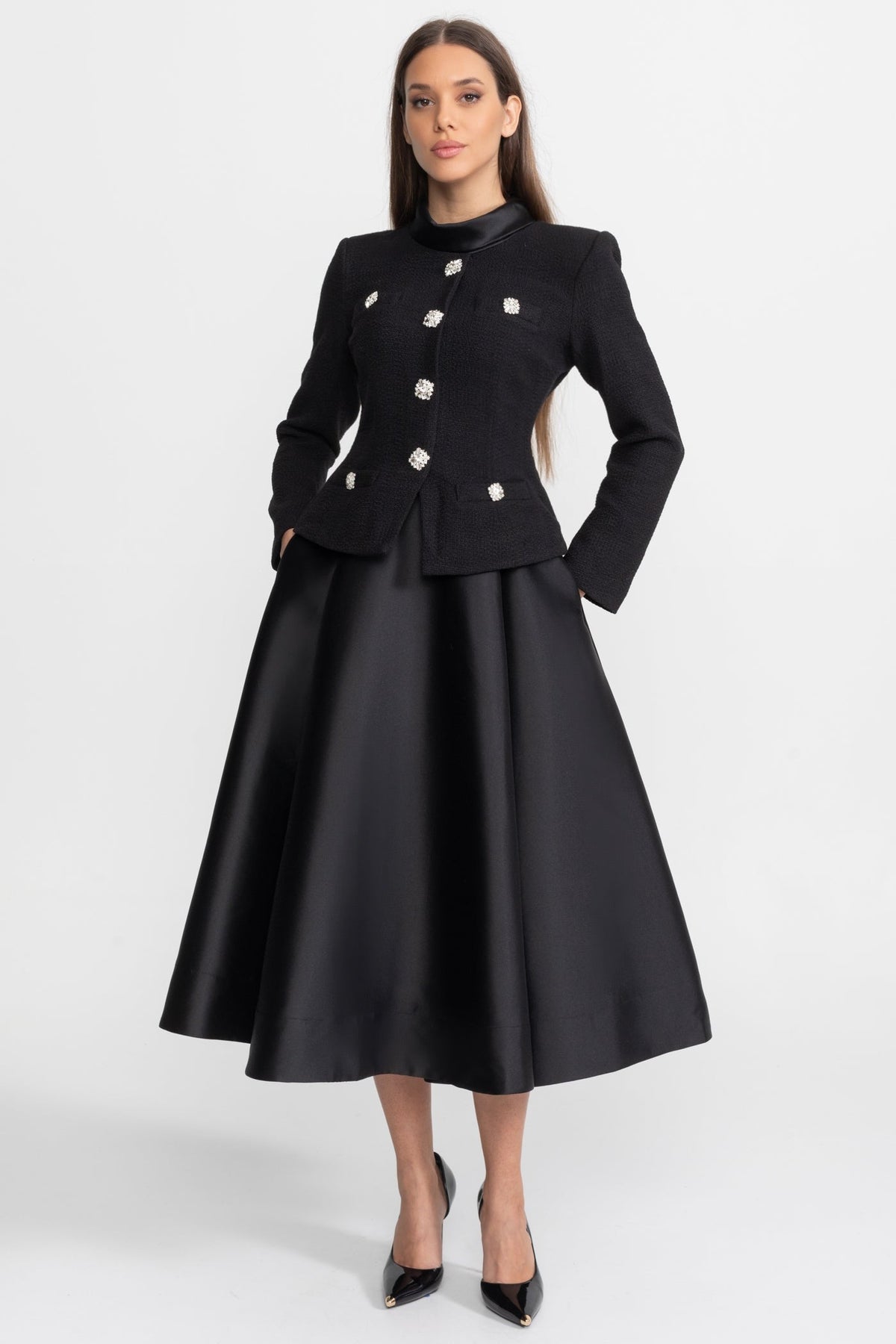 Structured Midi Dress with Embellished Jacket Overlay – Black
