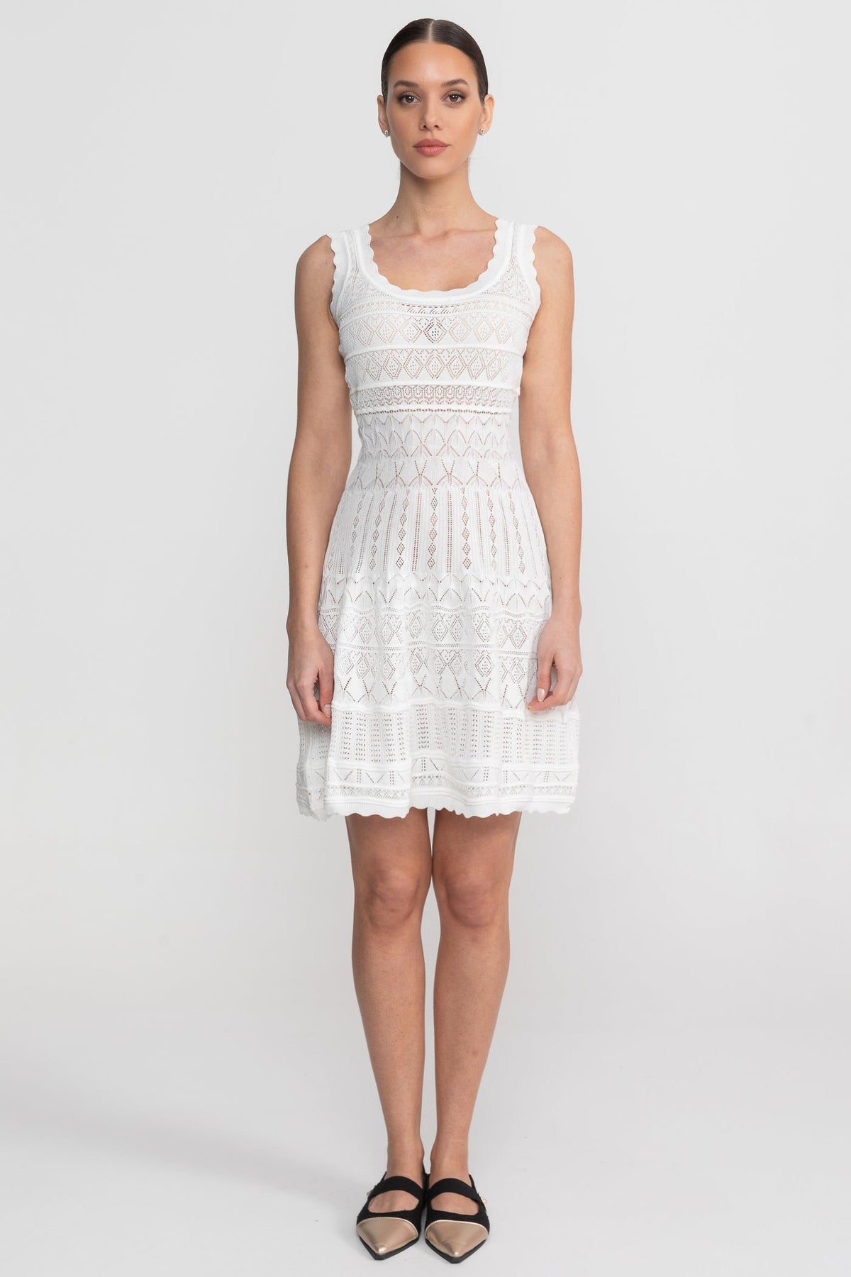 Sleeveless Mini Dress With Scalloped Lace Trim - White