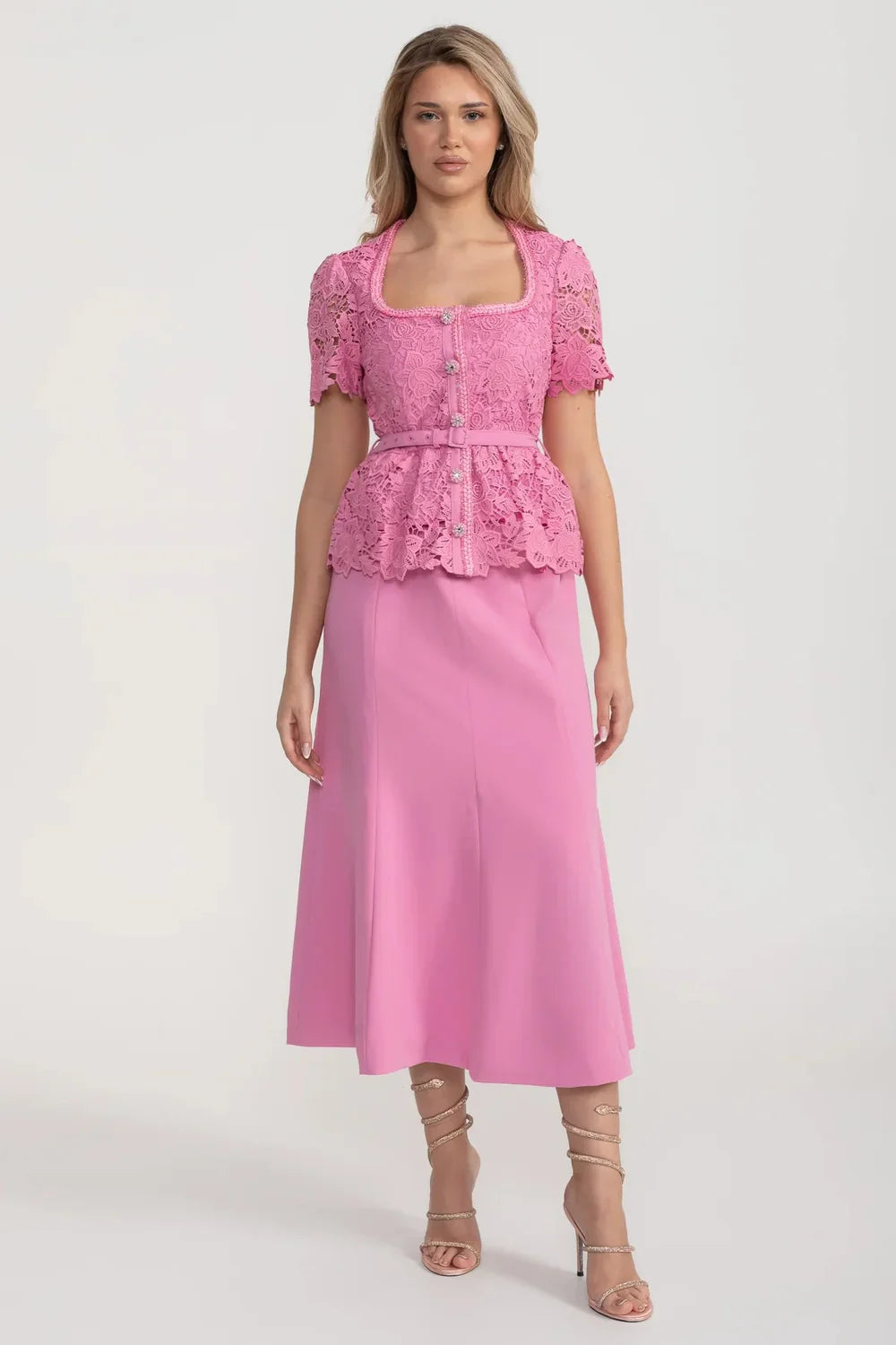 Elegant Dress With Lace Top, Matching Belt And Coordinated Skirt - Pink