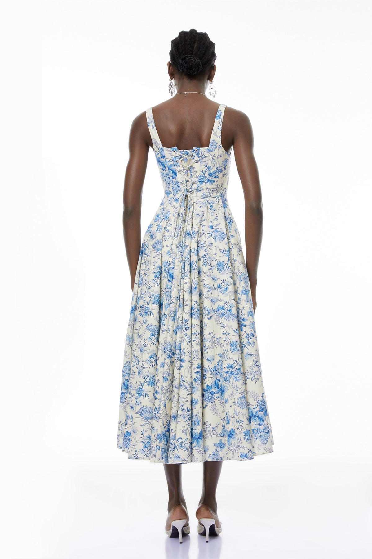 Adelheid Blue Floral Print Flared Midi Dress