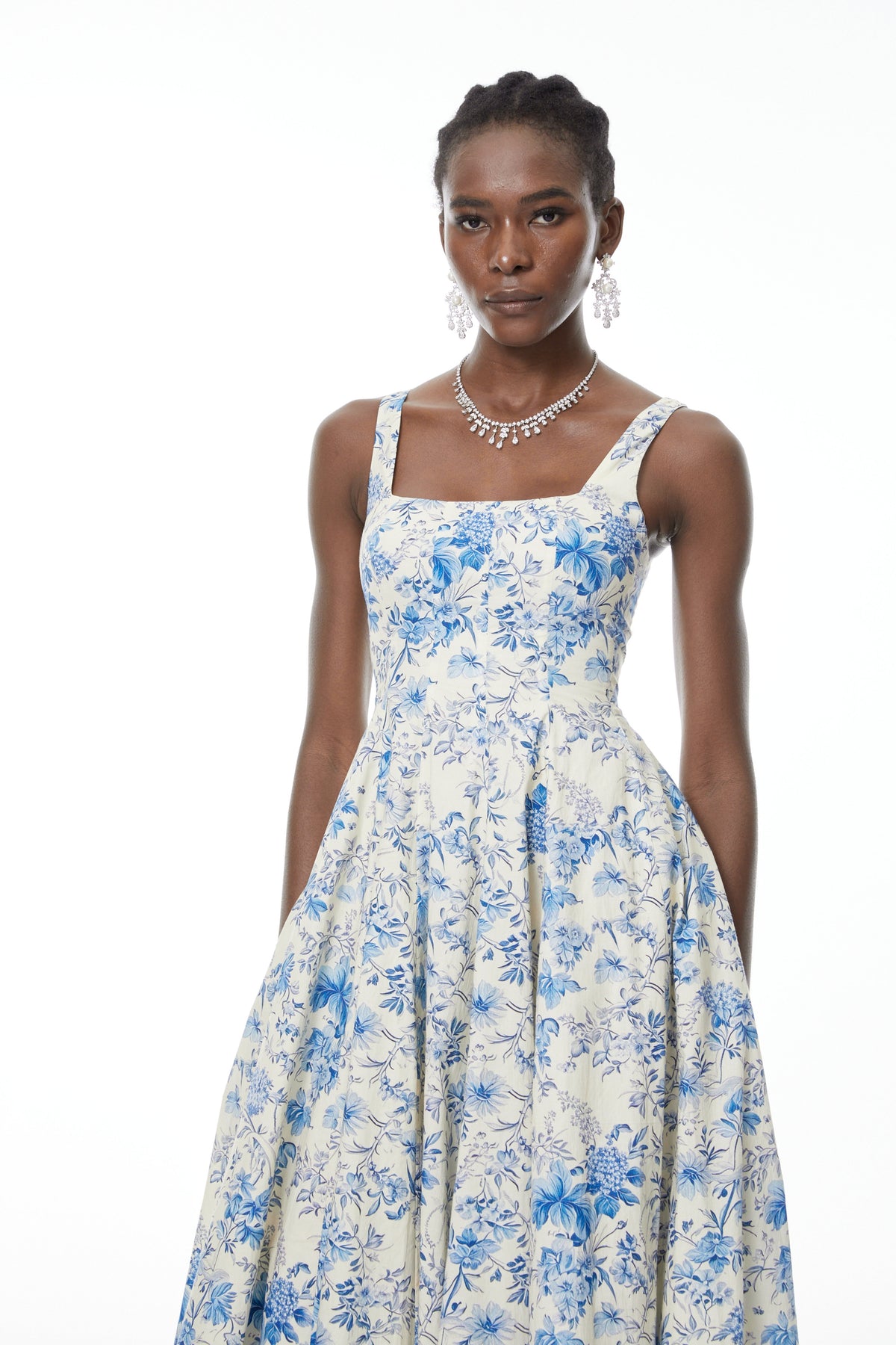 Adelheid Blue Floral Print Flared Midi Dress
