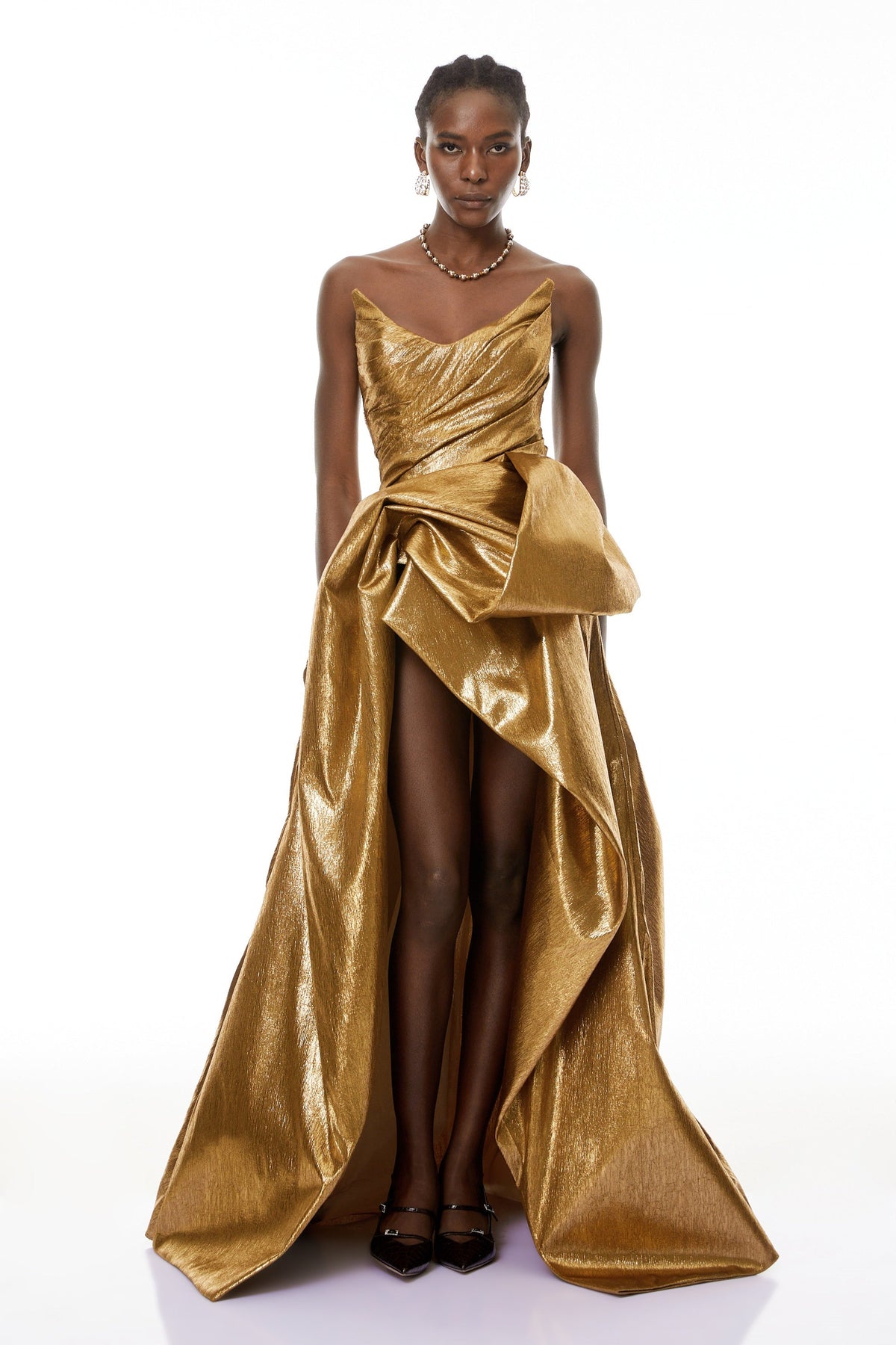 Adina Gold Glossy Asymmetrical Ruched Gown