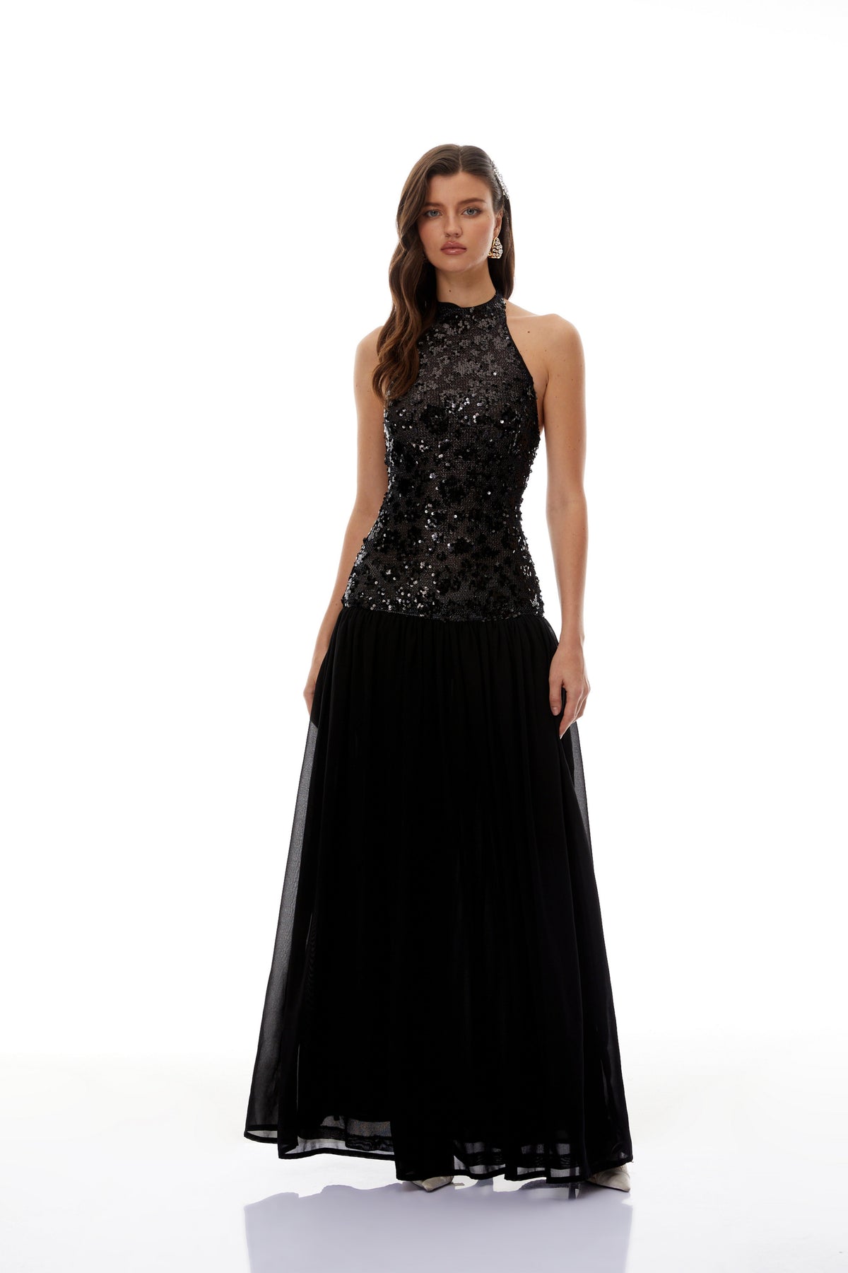 Ainoa Black Sequin Ruched Maxi Dress