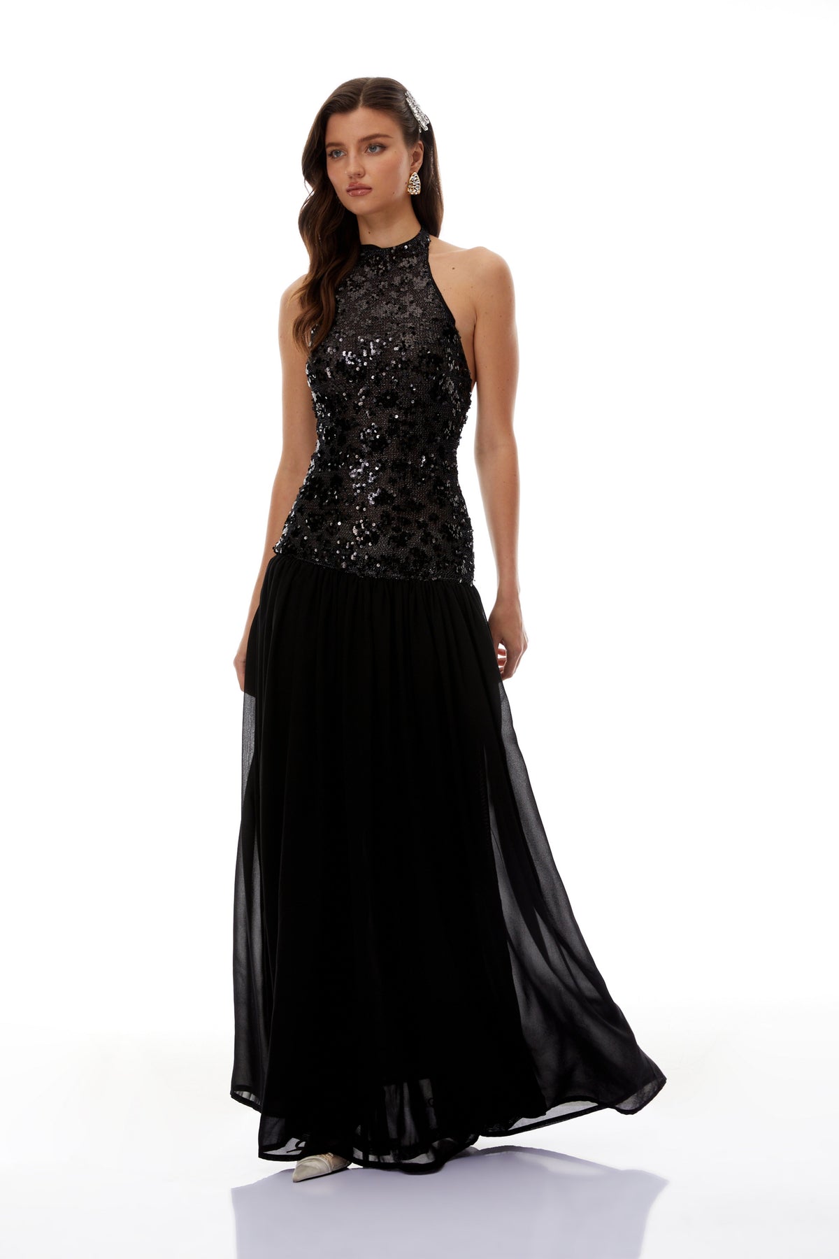 Ainoa Black Sequin Ruched Maxi Dress