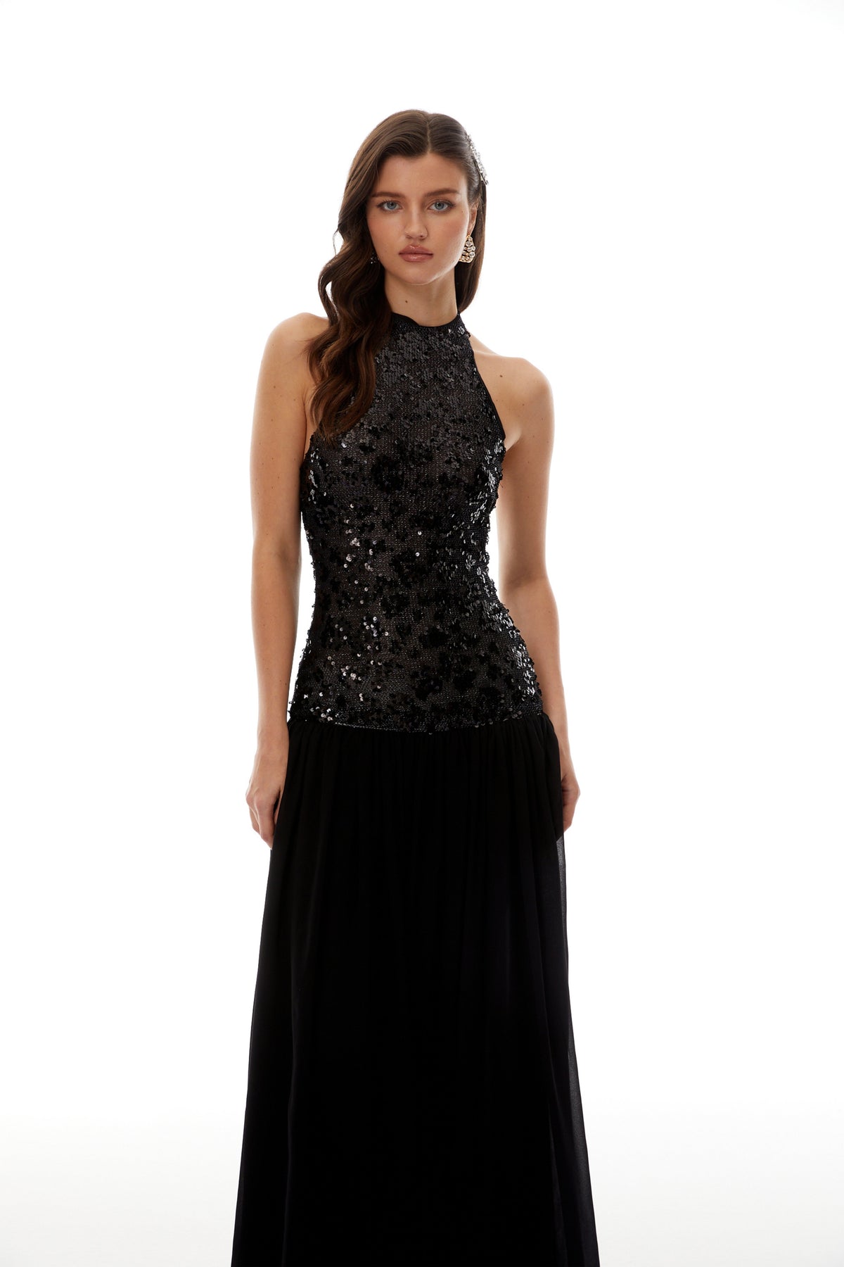 Ainoa Black Sequin Ruched Maxi Dress