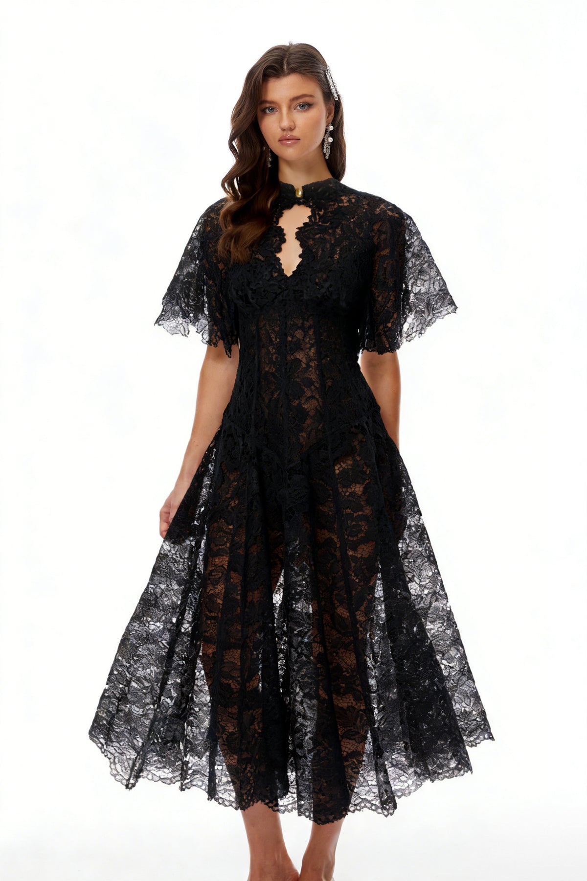 Alaia Black Cape Design Floral Lace Midi Dress (Final Sale-US Only)