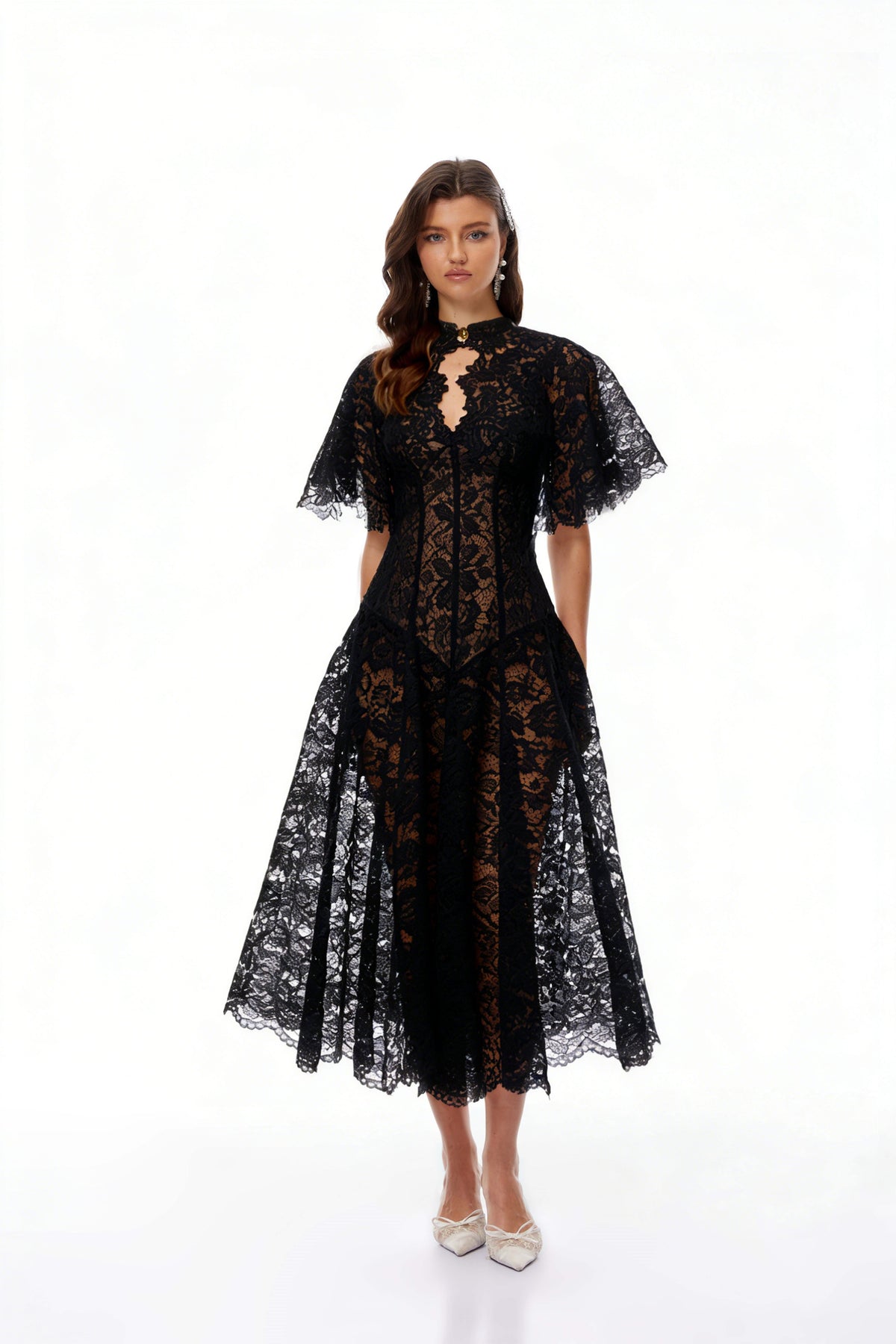 Alaia Black Cape Design Floral Lace Midi Dress