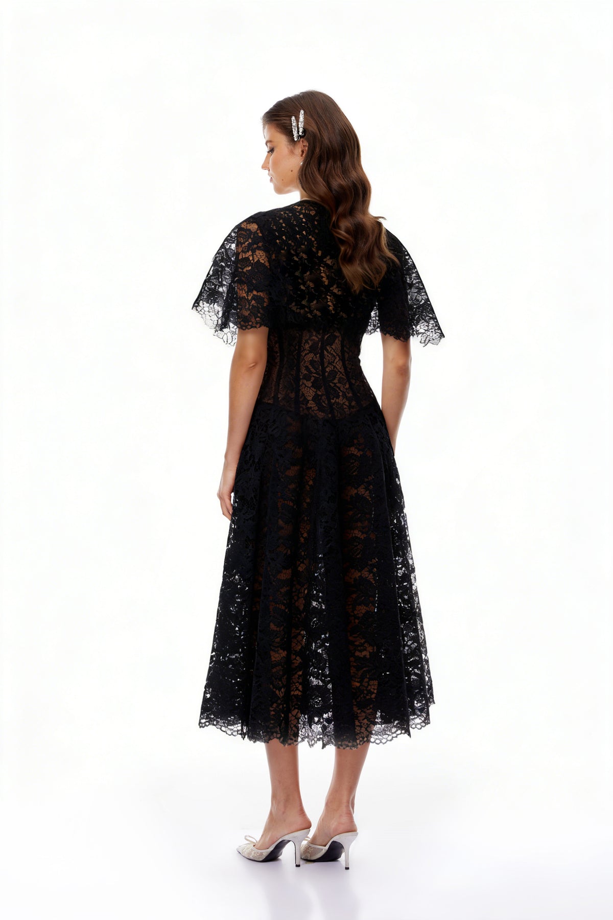 Alaia Black Cape Design Floral Lace Midi Dress (Final Sale-US Only)