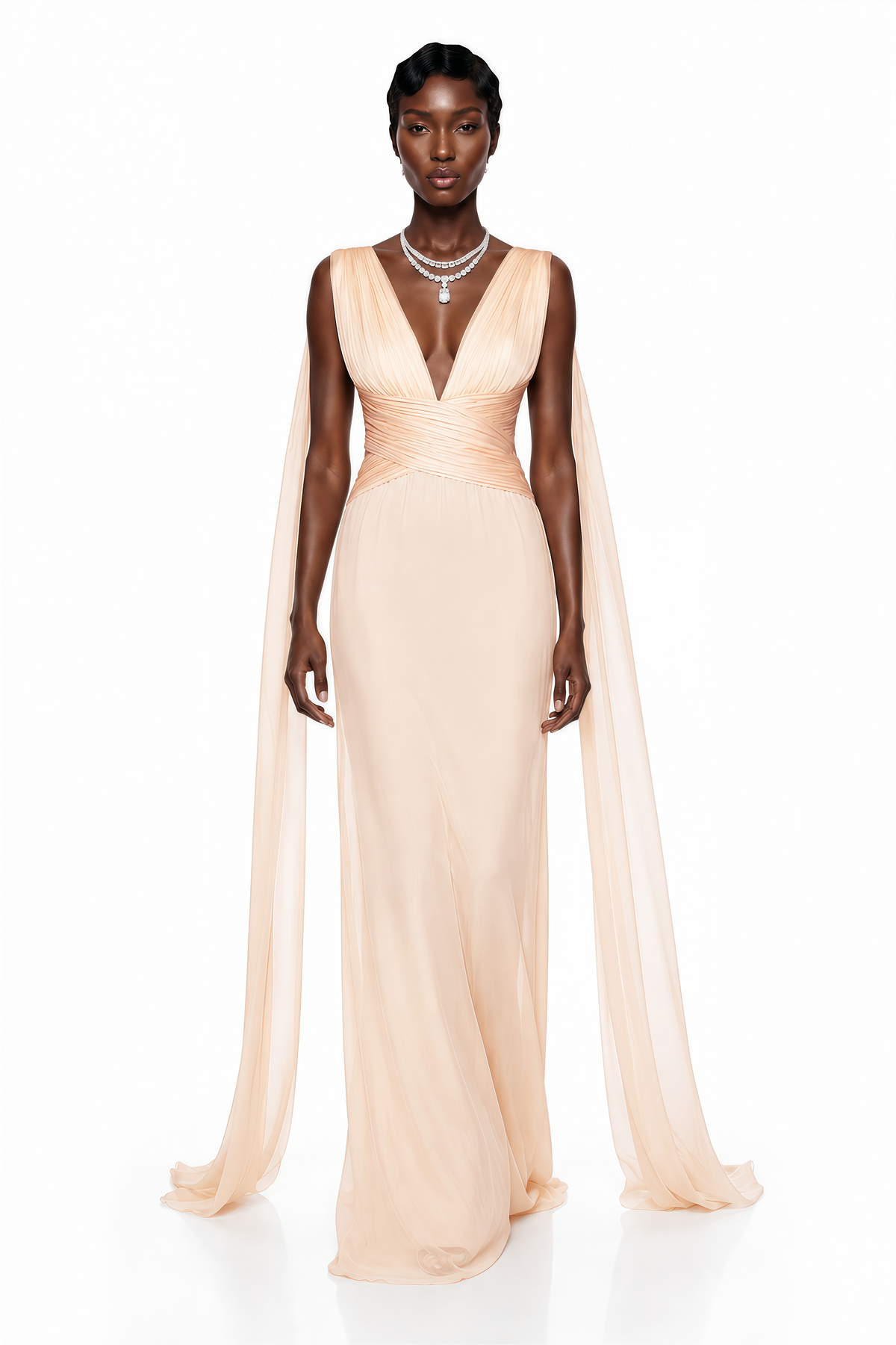 Alcyone Beige Plunge Neck Ruched Maxi Dress