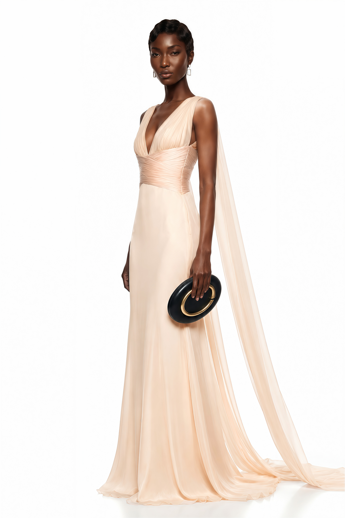 Alcyone Beige Plunge Neck Ruched Maxi Dress