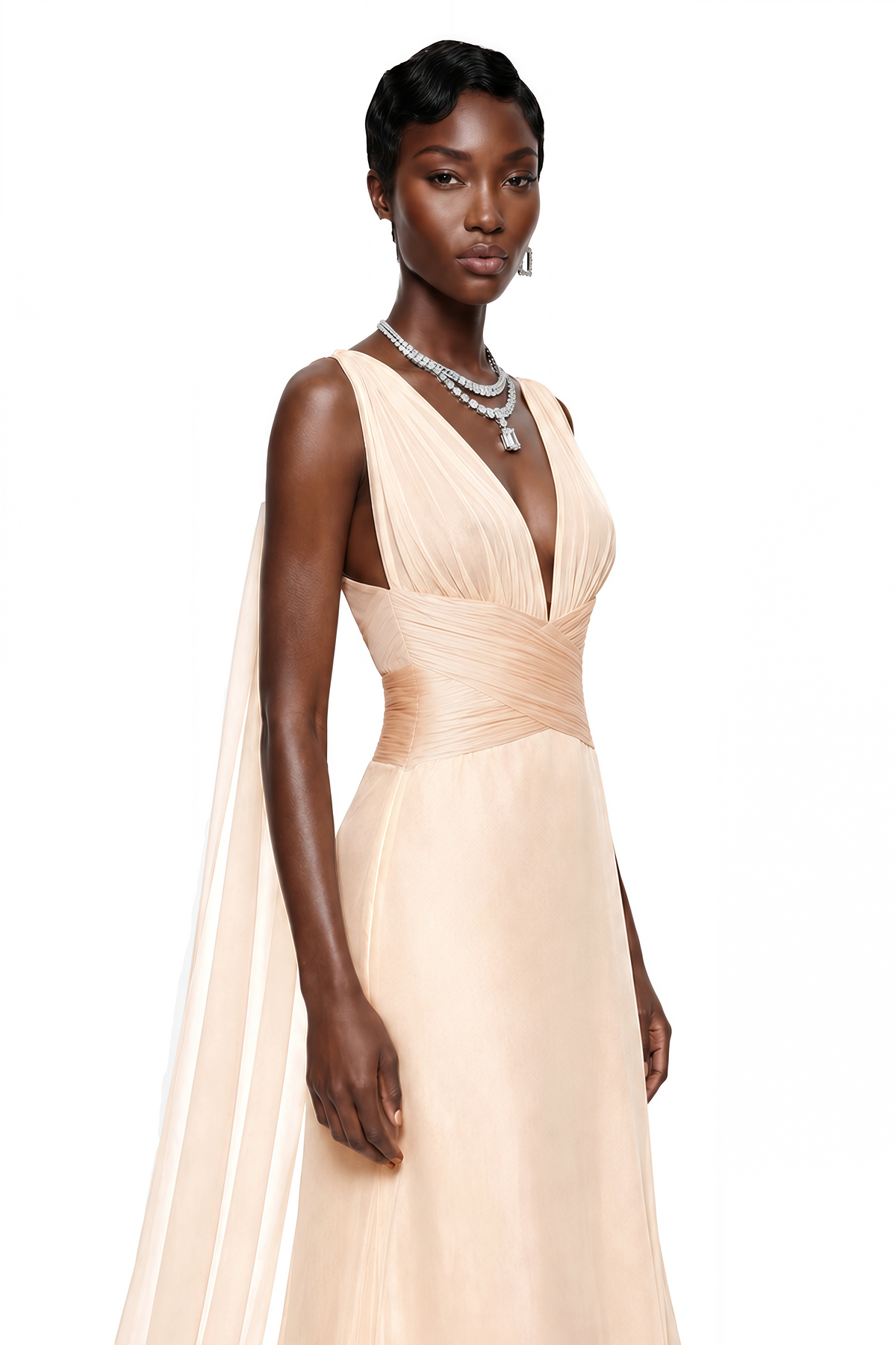 Alcyone Beige Plunge Neck Ruched Maxi Dress