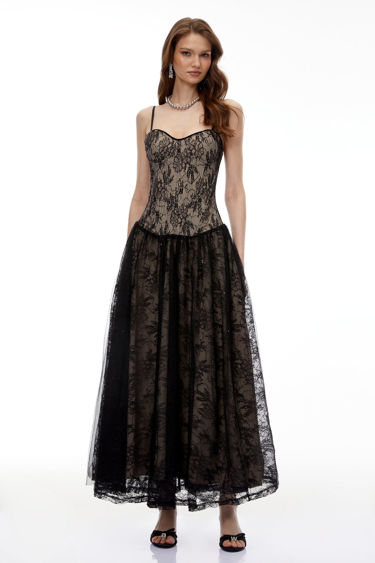 Alessa Black Floral Lace Maxi Dress with Tulle Panels