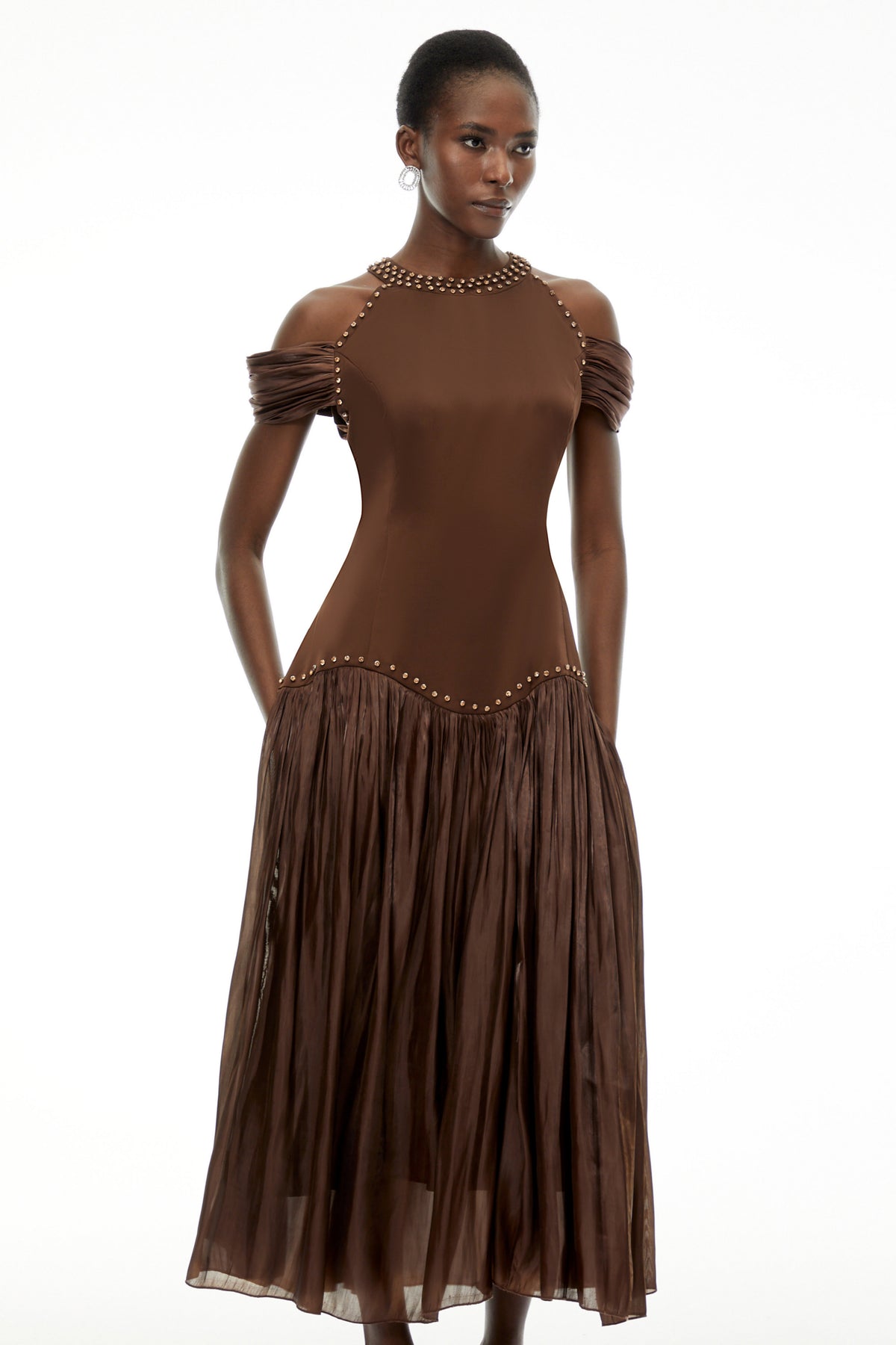 Alice Chocolate Brown Embellished Pleated Maxi Dress (Final Sale)